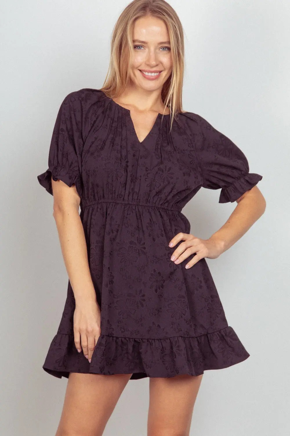 VERY J Floral Textured Woven Ruffled Mini Dress-Very Besty