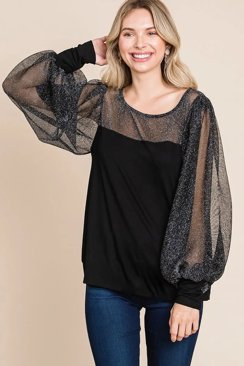 Super Lady Full Size Metallic Mesh Lantern Sleeve Blouse-Very Besty
