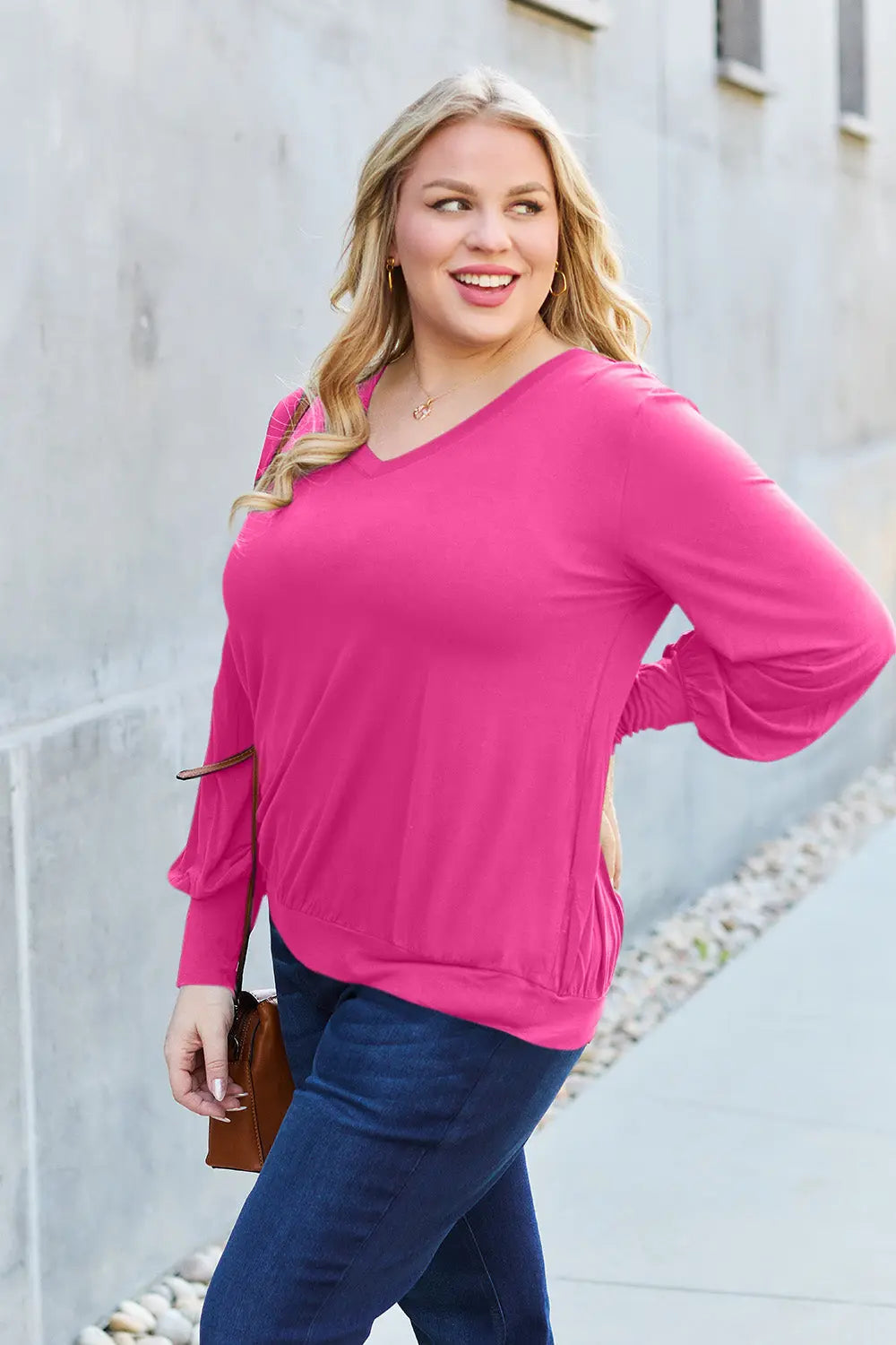 Basic Bae Full Size V-Neck Lantern Sleeve Top-Very Besty
