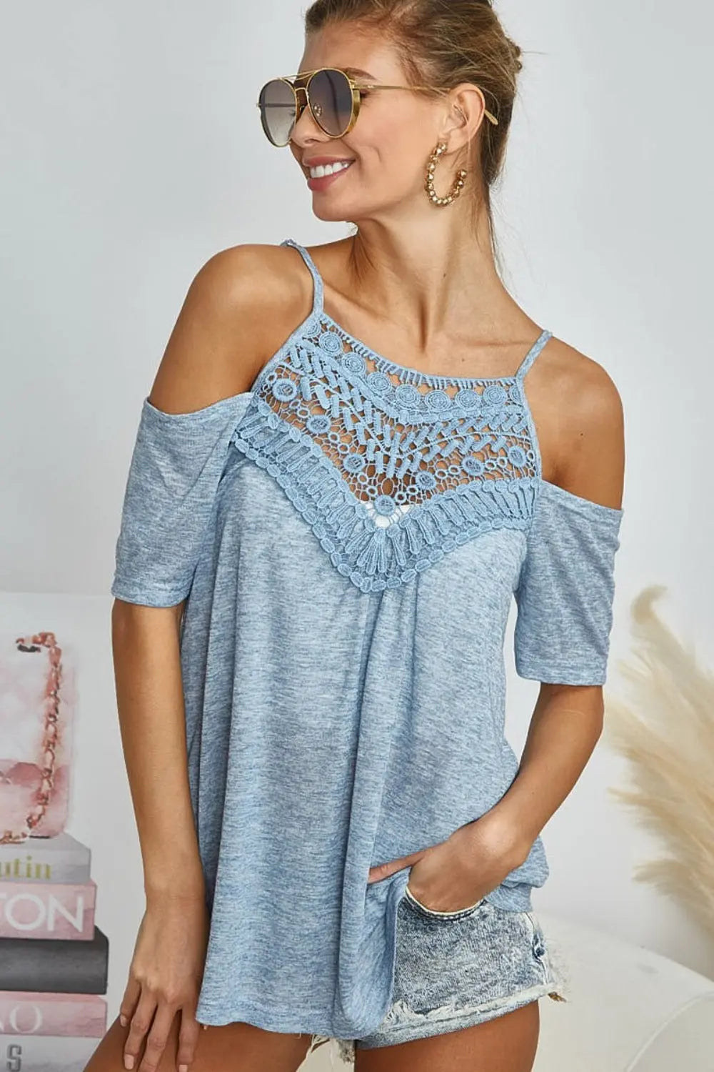 BiBi Front Crochet Lace Adjustable Strap Top-Very Besty