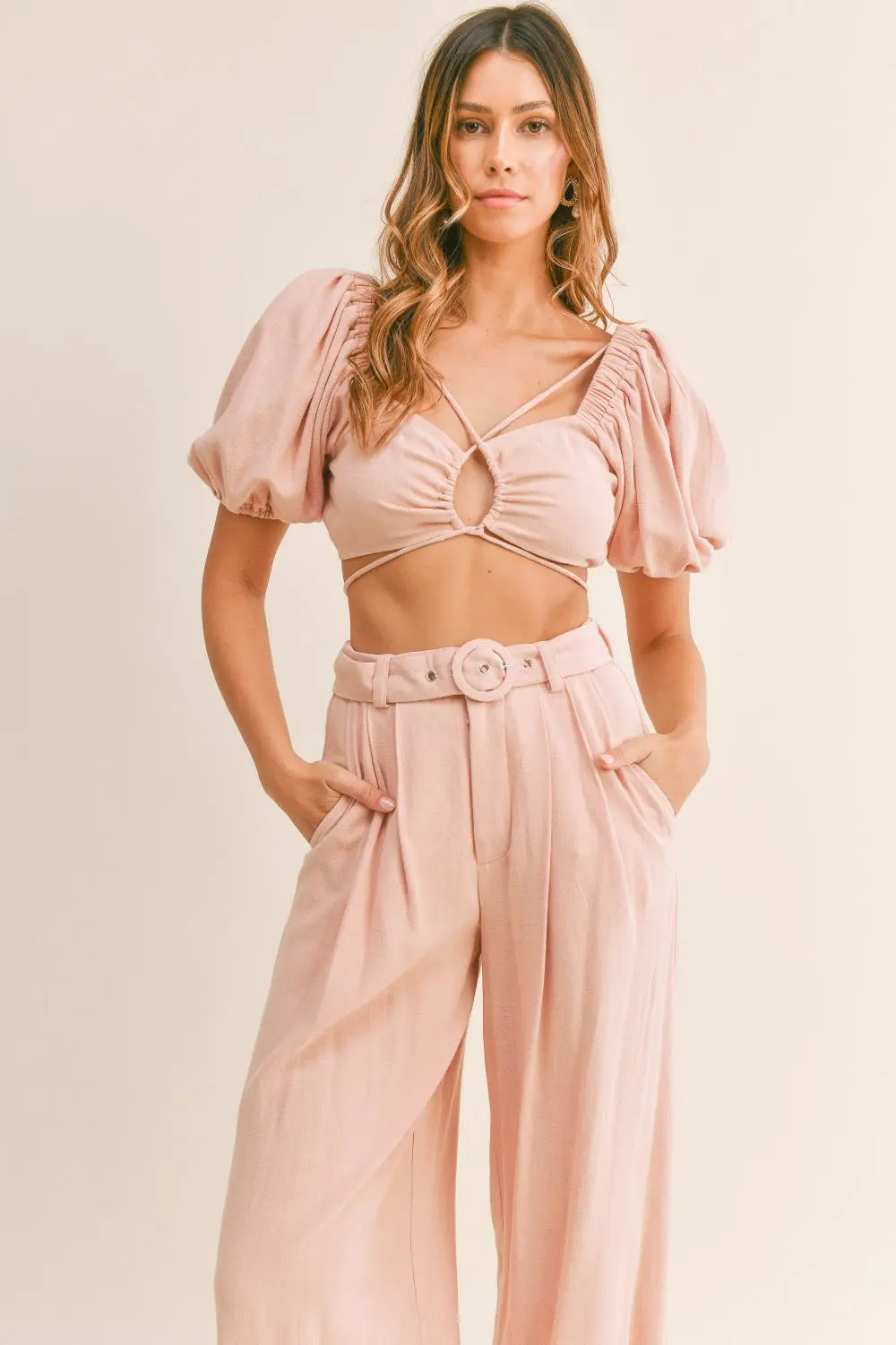 MABLE Cut Out Drawstring Crop Top and Belted Pants Set-Very Besty
