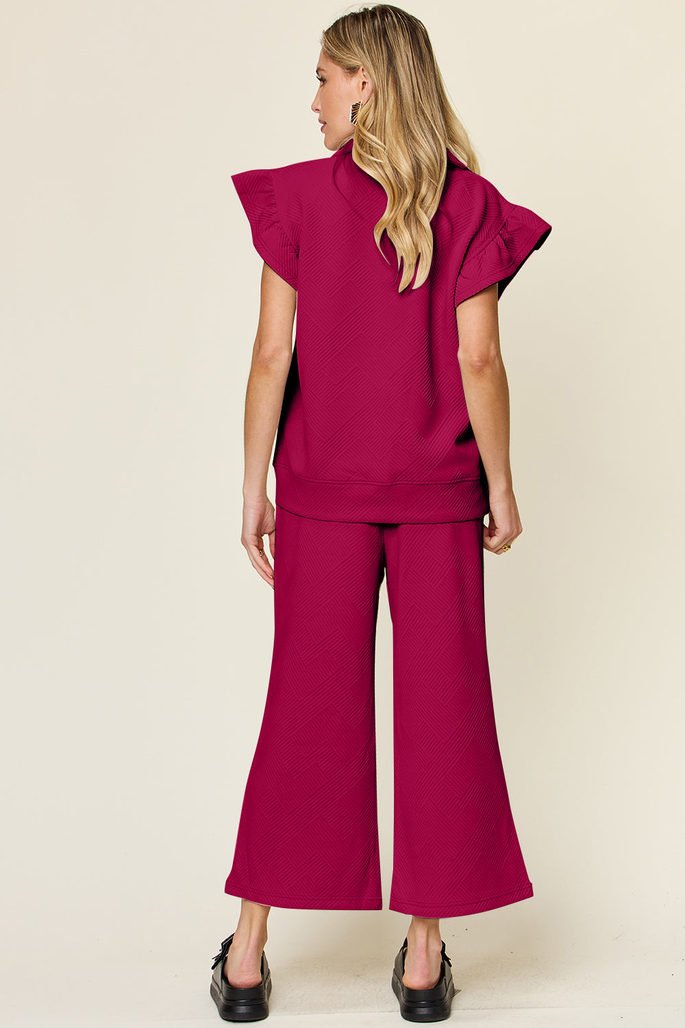 Double Take Texture Ruffle Short Sleeve Top and Drawstring Wide Leg Pants Set-Very Besty