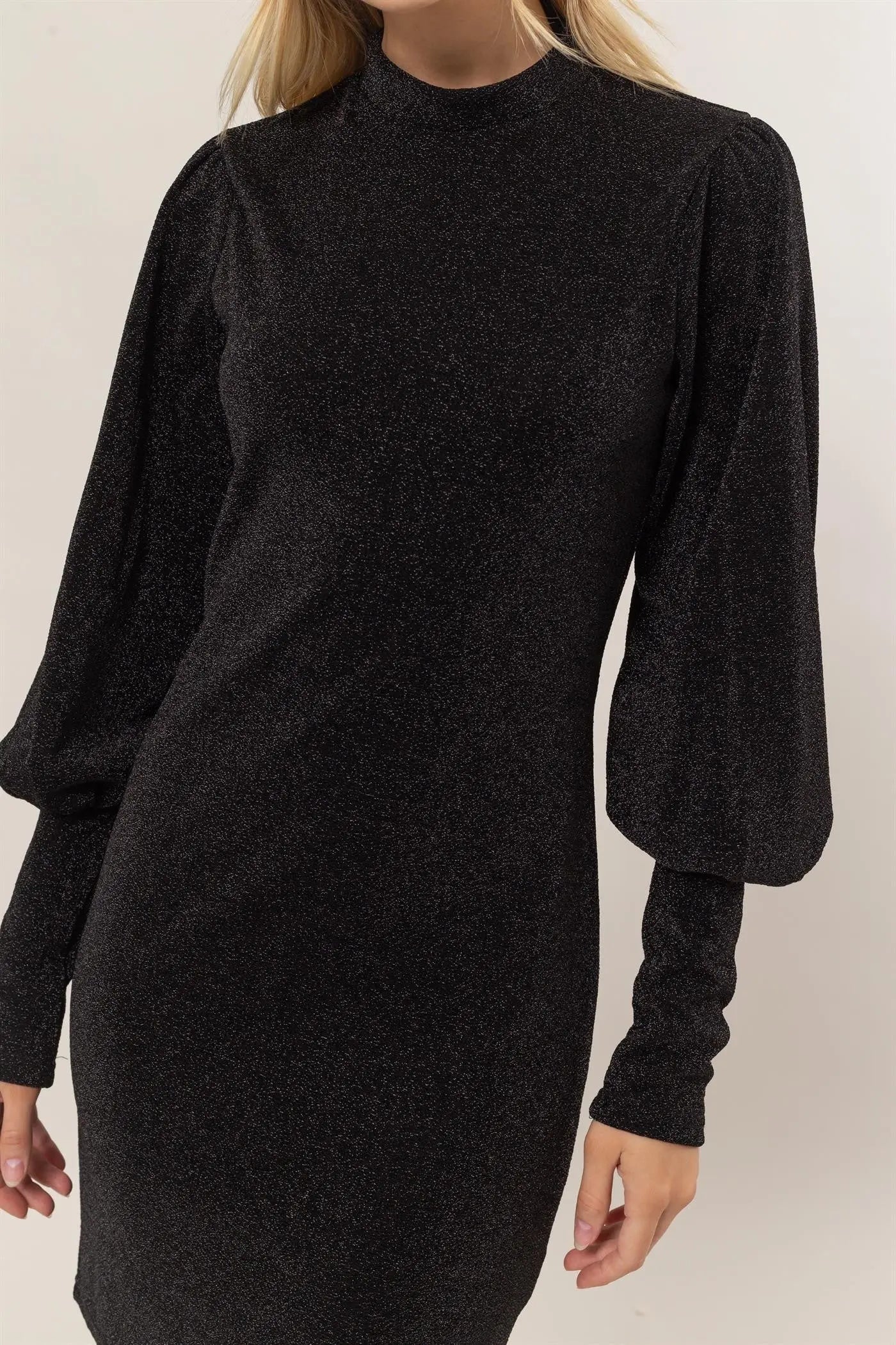 HYFVE Glitter Mock Neck Long Sleeve Mini Dress-Very Besty