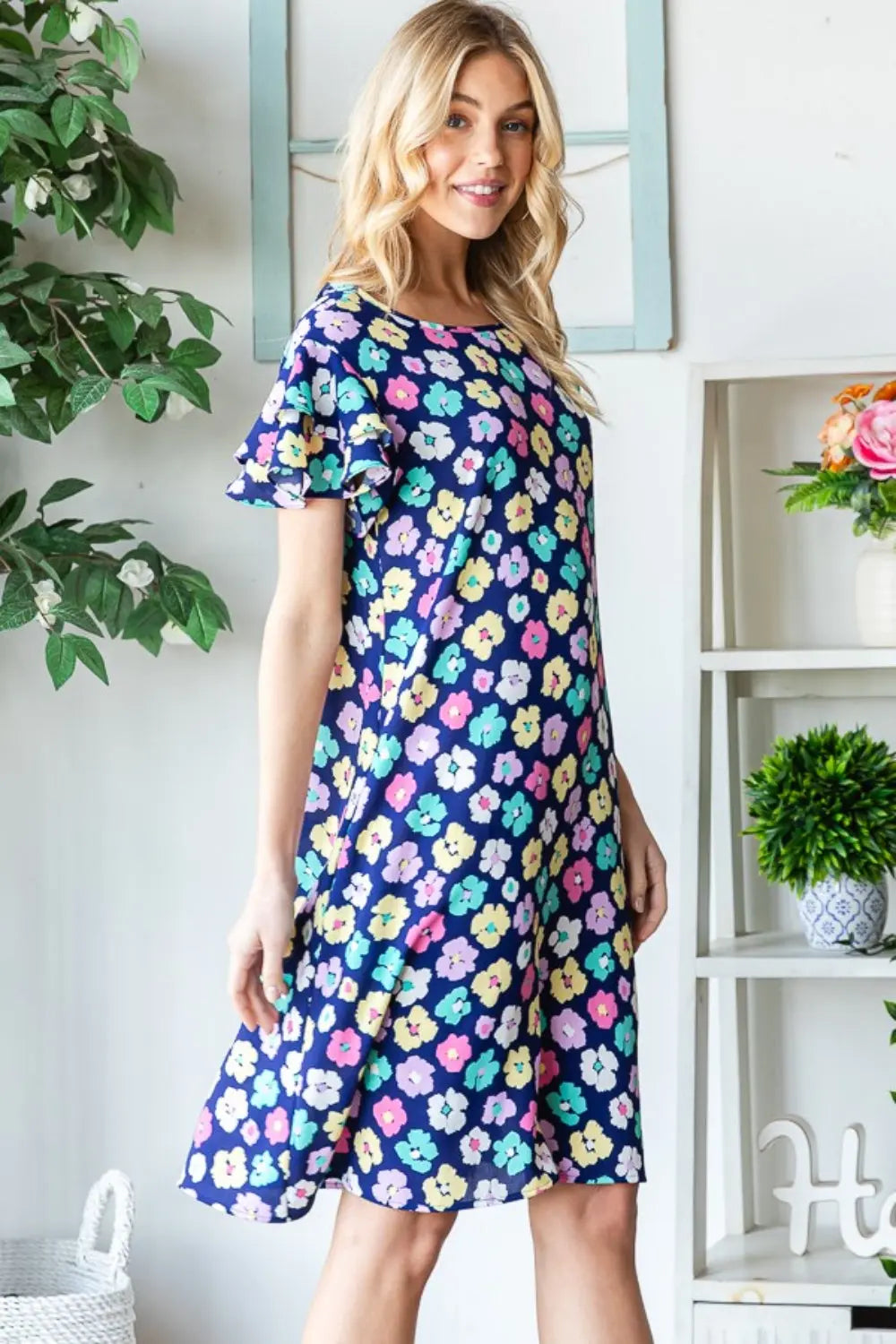 Heimish Full Size Floral Ruffled Short Sleeve Dress with Pockets-Very Besty