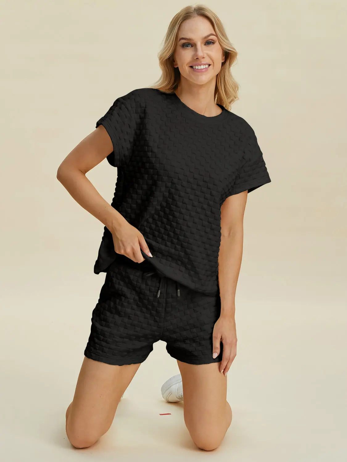 Double Take Full Size Texture T-Shirt and Shorts Set-Very Besty