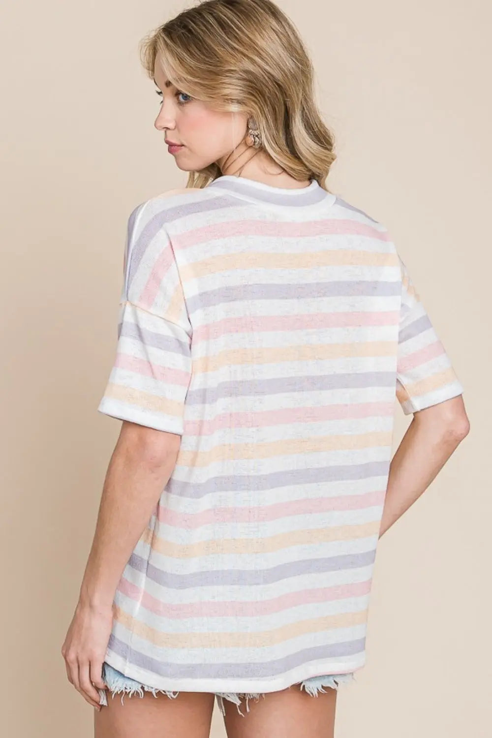 BOMBOM Striped V-Neck Short Sleeve T-Shirt-Very Besty