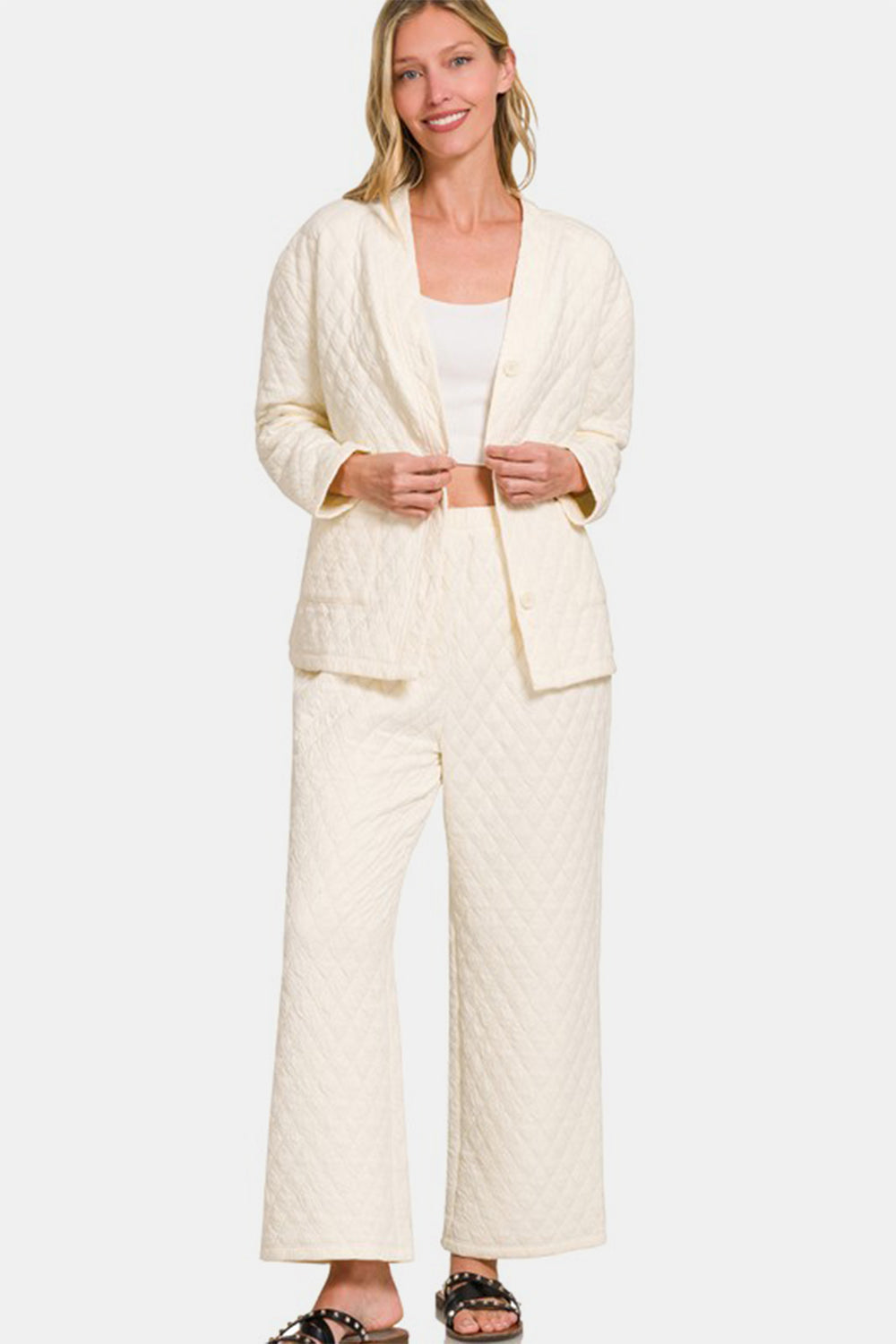 Zenana Quilted Button Up Long Sleeve Top and Pants Lounge Set-Very Besty