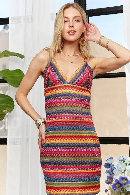 ADORA Contrast Striped V-Neck Mini Dress-Very Besty