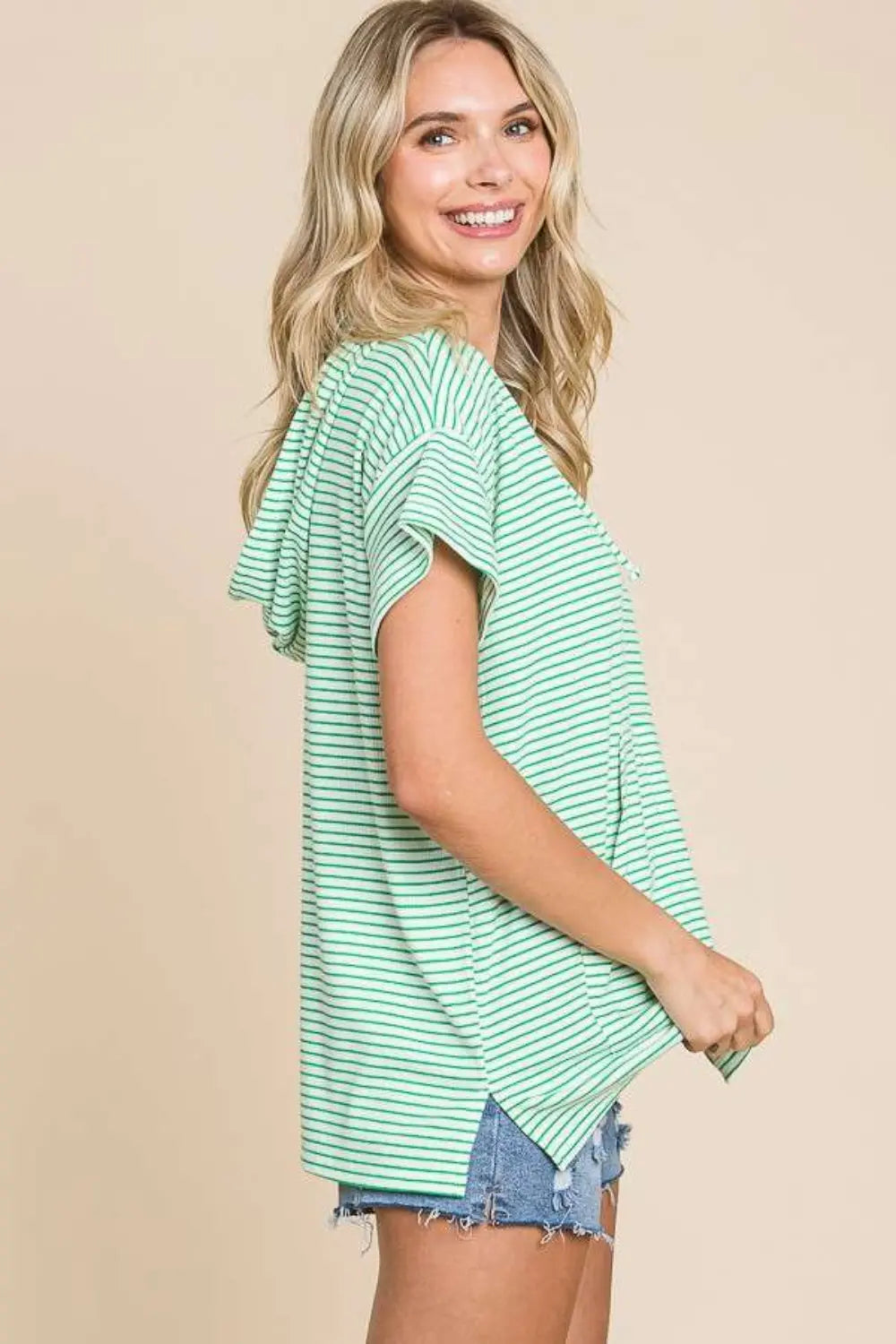 Culture Code Full Size Striped Short Sleeve Hooded Top-Very Besty