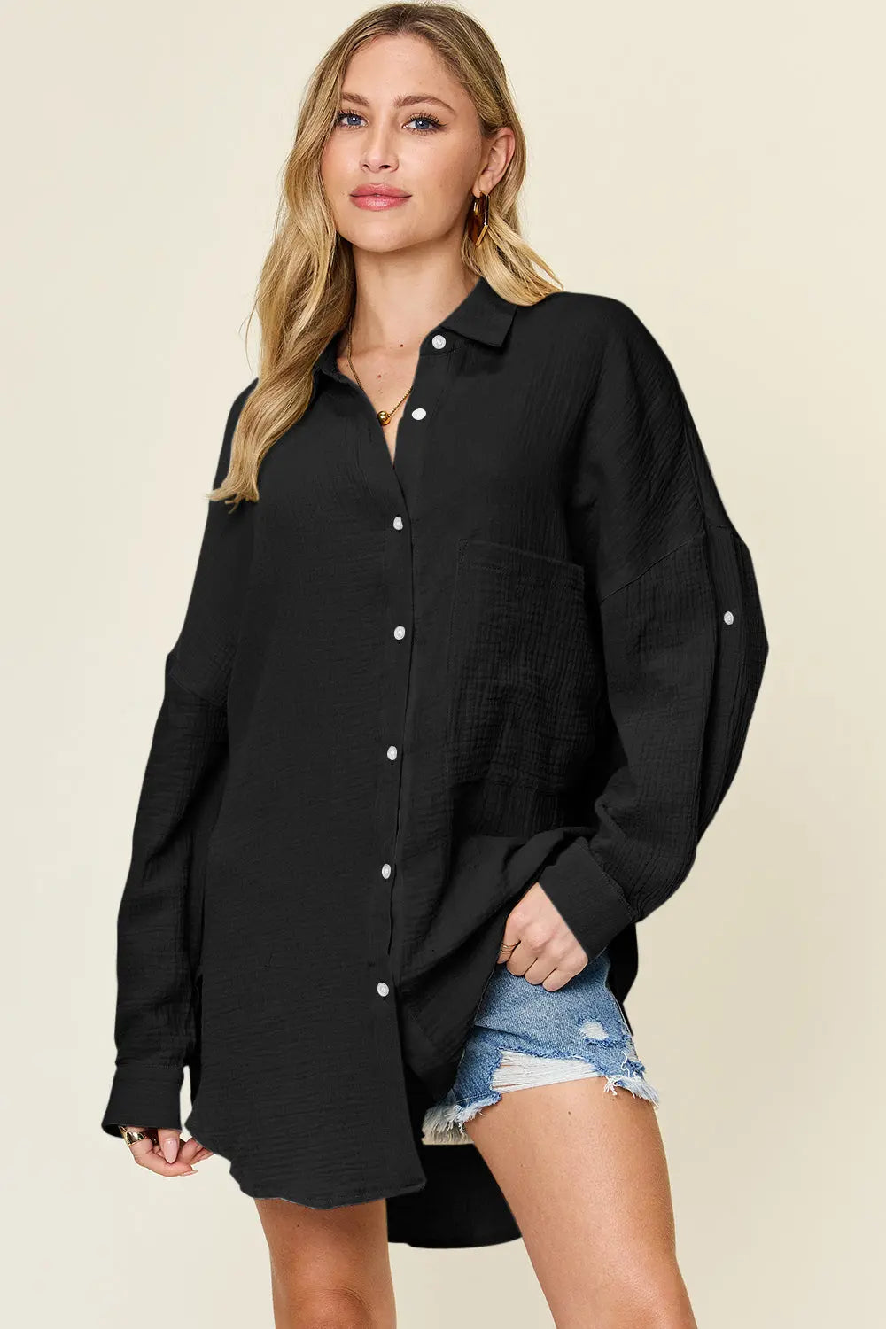Double Take Full Size Pocketed Texture Button Up Shirt-Very Besty