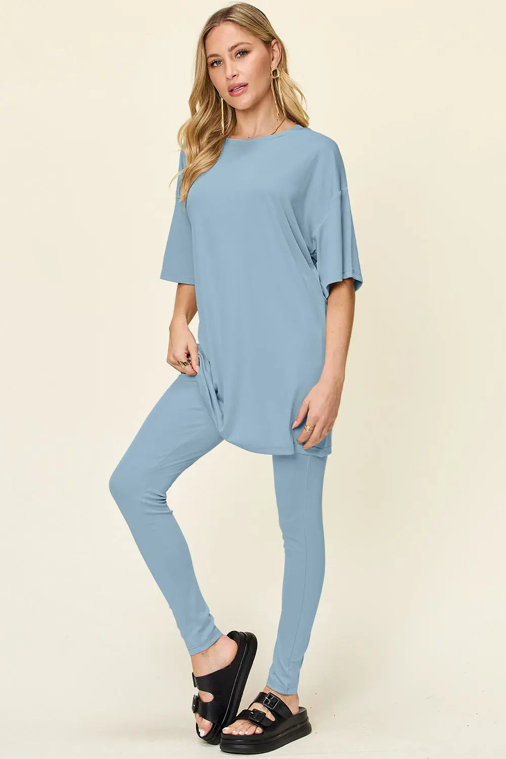 Double Take Full Size Round Neck Dropped Shoulder T-Shirt and Leggings Set-Very Besty