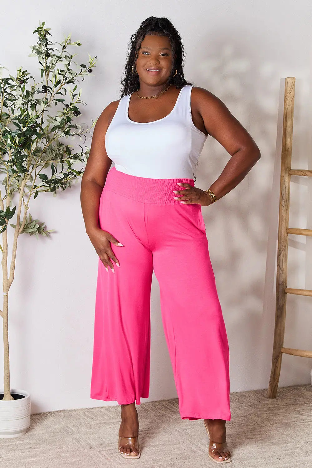Basic Bae Full Size Smocked Wide Waistband Wide Leg Pants-Very Besty