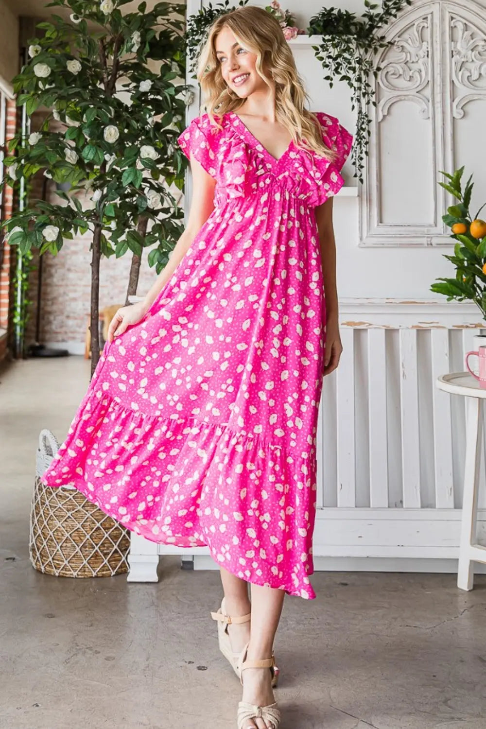 Reborn J Printed V-Neck Ruffle Trim Tiered Midi Dress-Very Besty