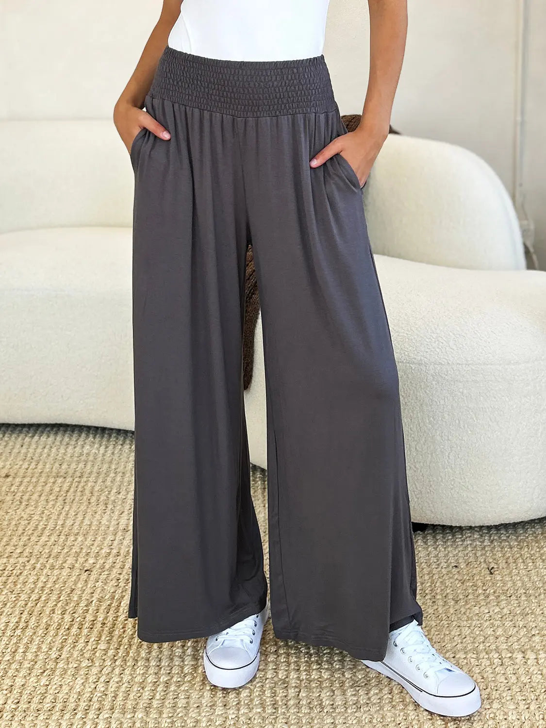 Basic Bae Full Size Smocked Wide Waistband Wide Leg Pants-Very Besty