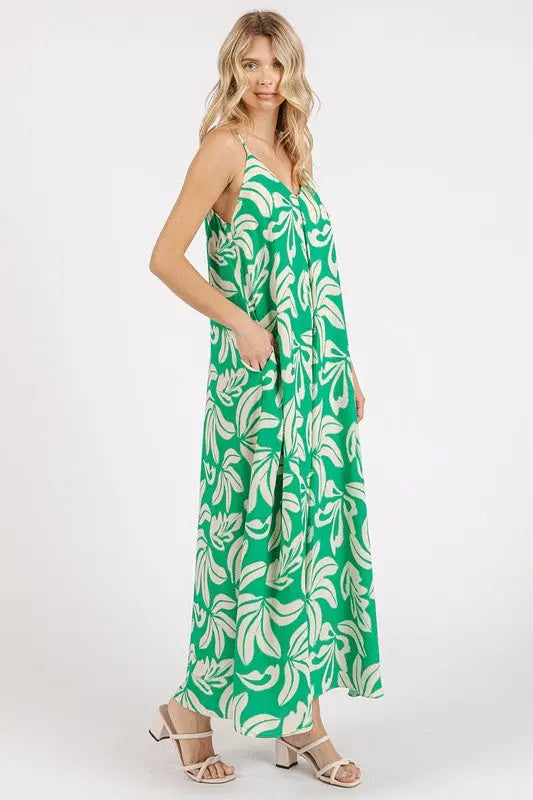 Mittoshop Printed V-Neck Maxi Cami Dress with Pockets-Very Besty