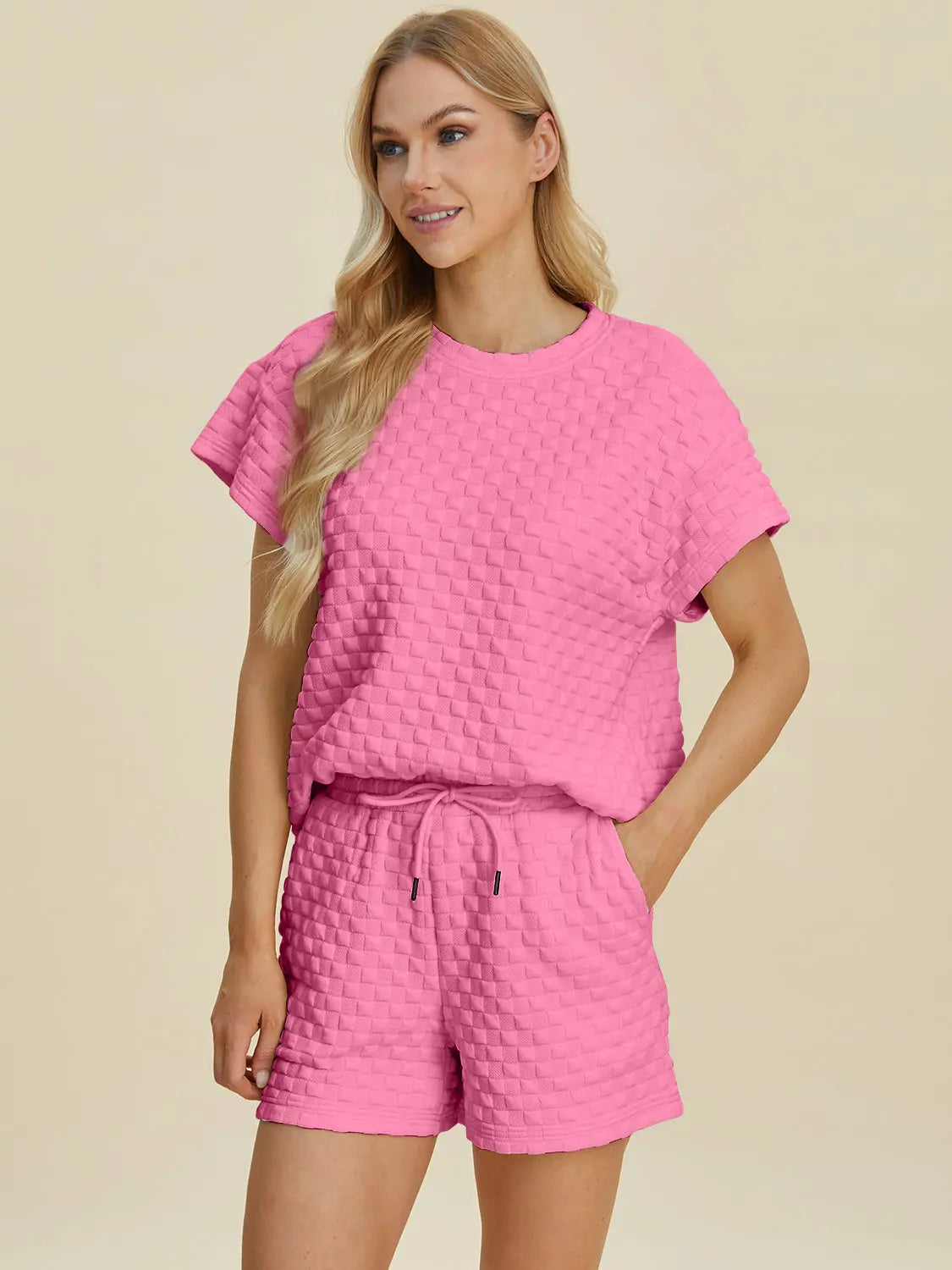 Double Take Full Size Texture T-Shirt and Shorts Set-Very Besty