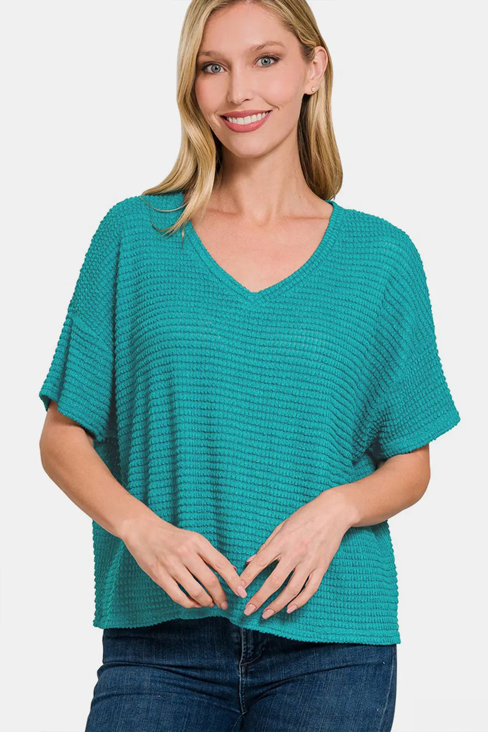 Zenana Drop Shoulder Short Sleeve Jacquard Knit Top-Very Besty