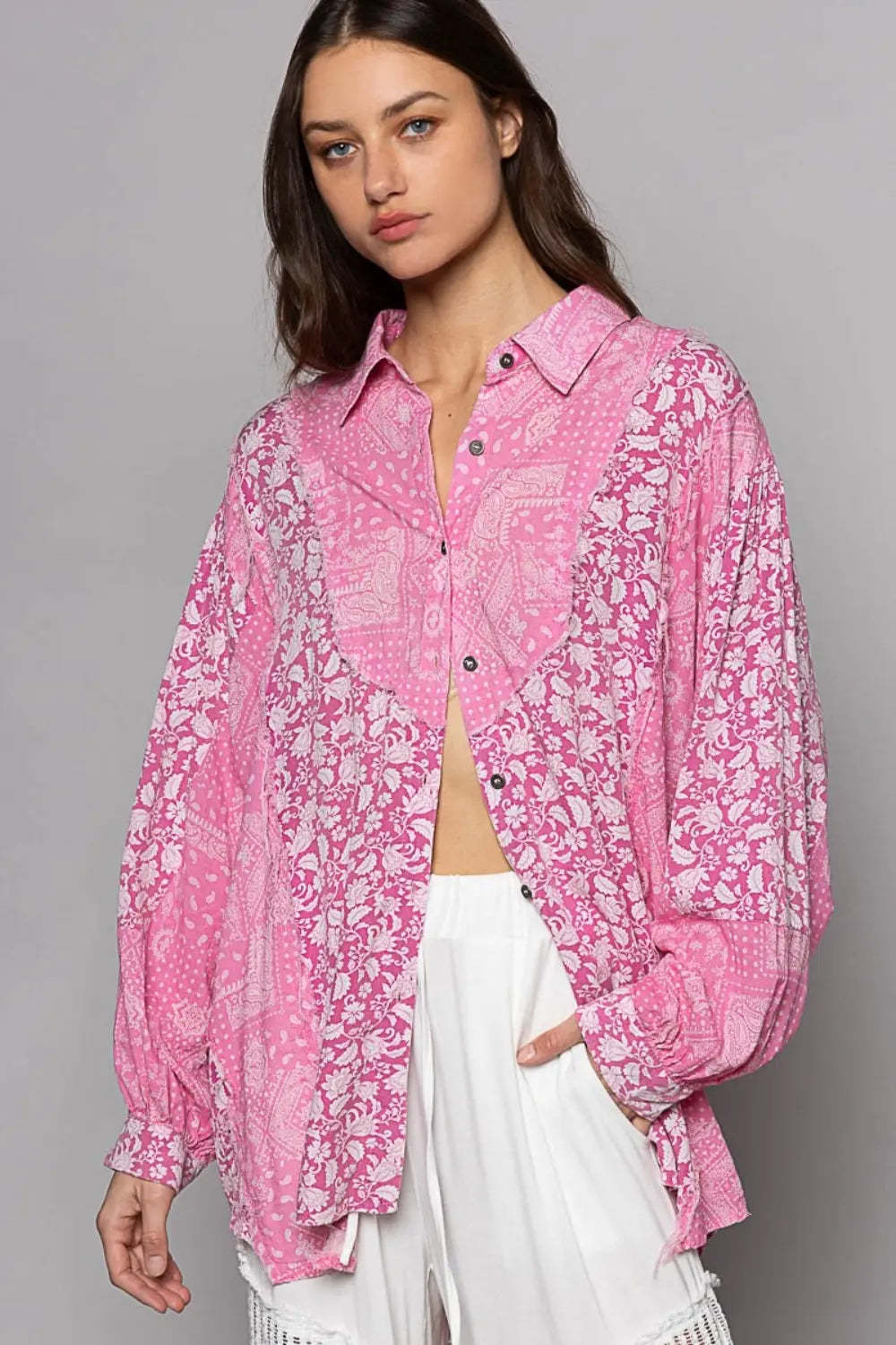 POL Button Down Long Sleeve Paisley Print Shirt-Very Besty