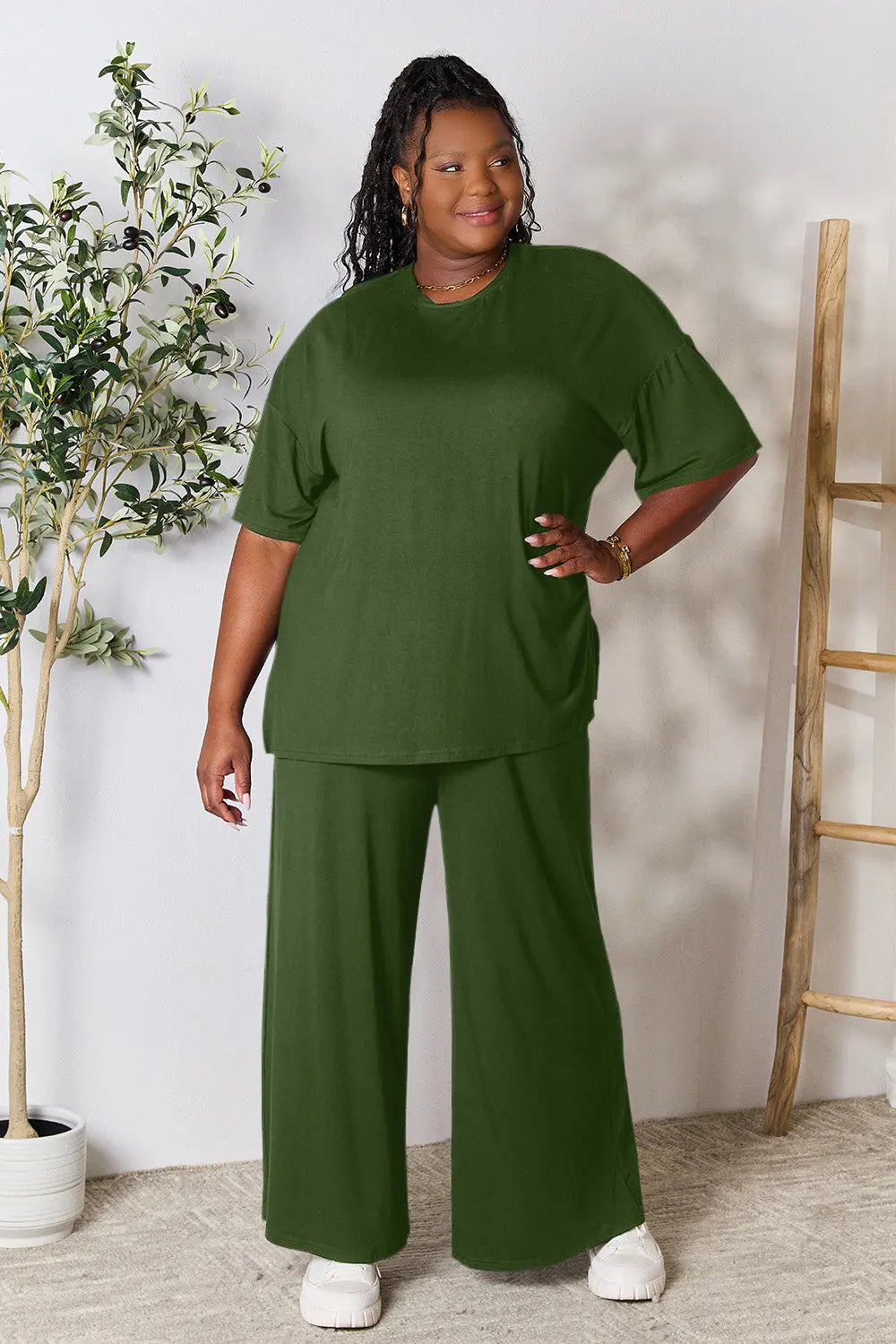 Double Take Full Size Round Neck Slit Top and Pants Set-Very Besty