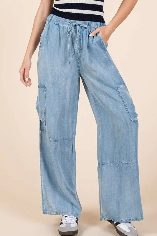 Mittoshop Washed Elastic Waist Cargo Wide Leg Pants-Very Besty