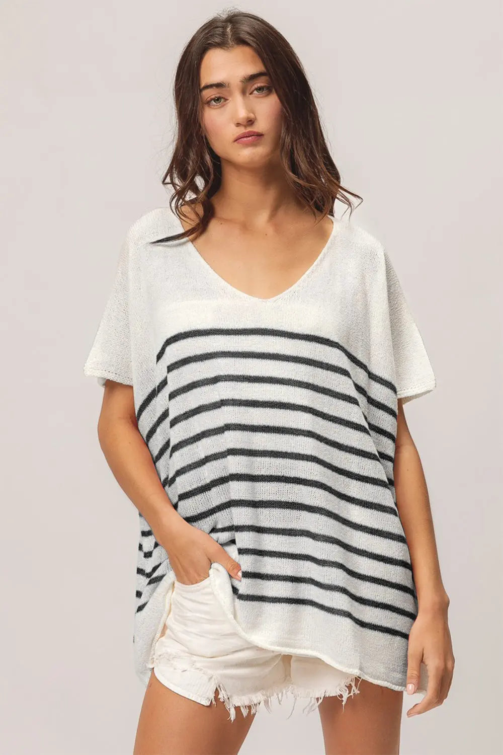 BiBi V Neck Striped Short Sleeve Top-Very Besty