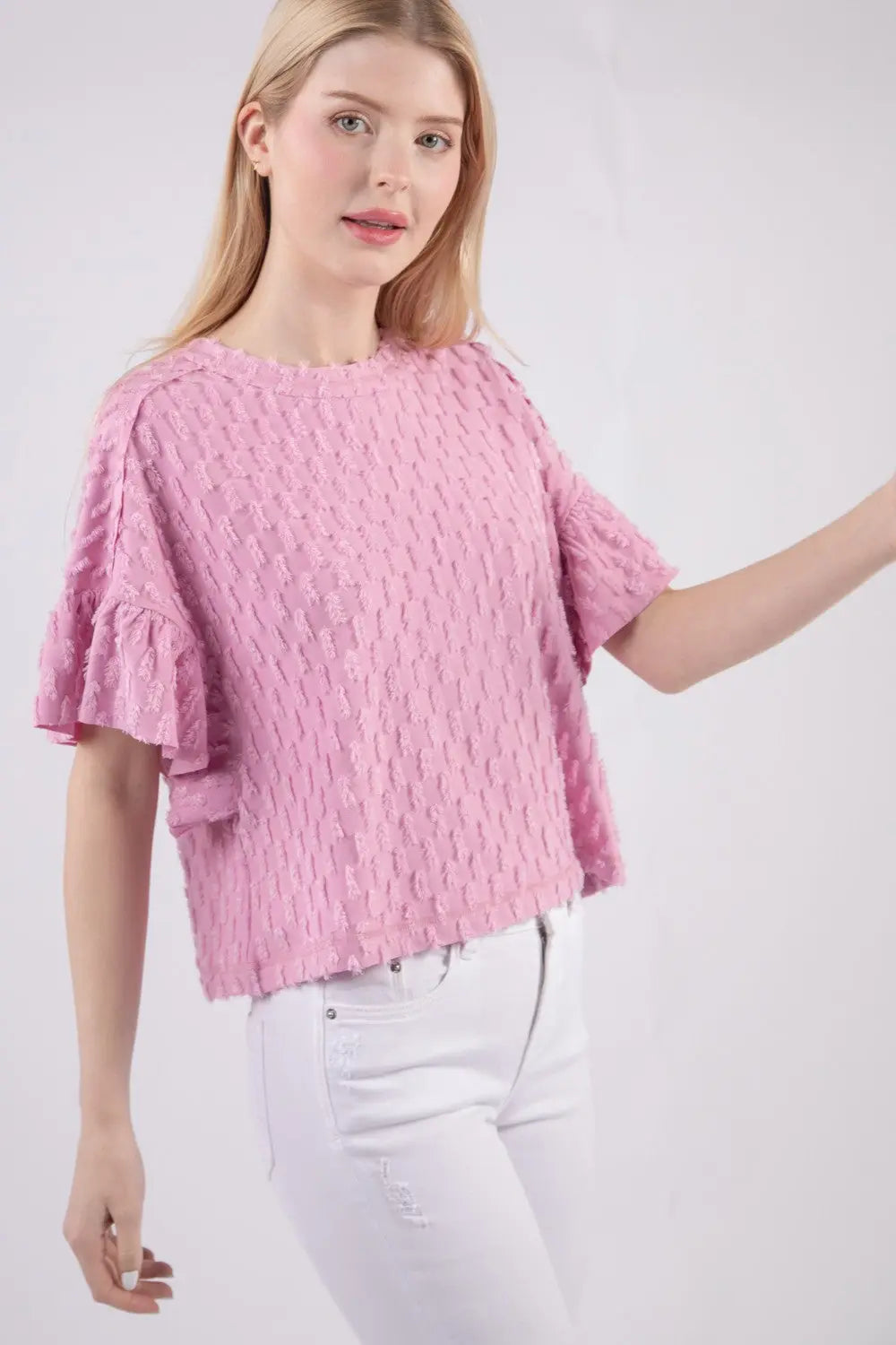 VERY J Full Size Texture Ruffle Short Sleeve Top-Very Besty