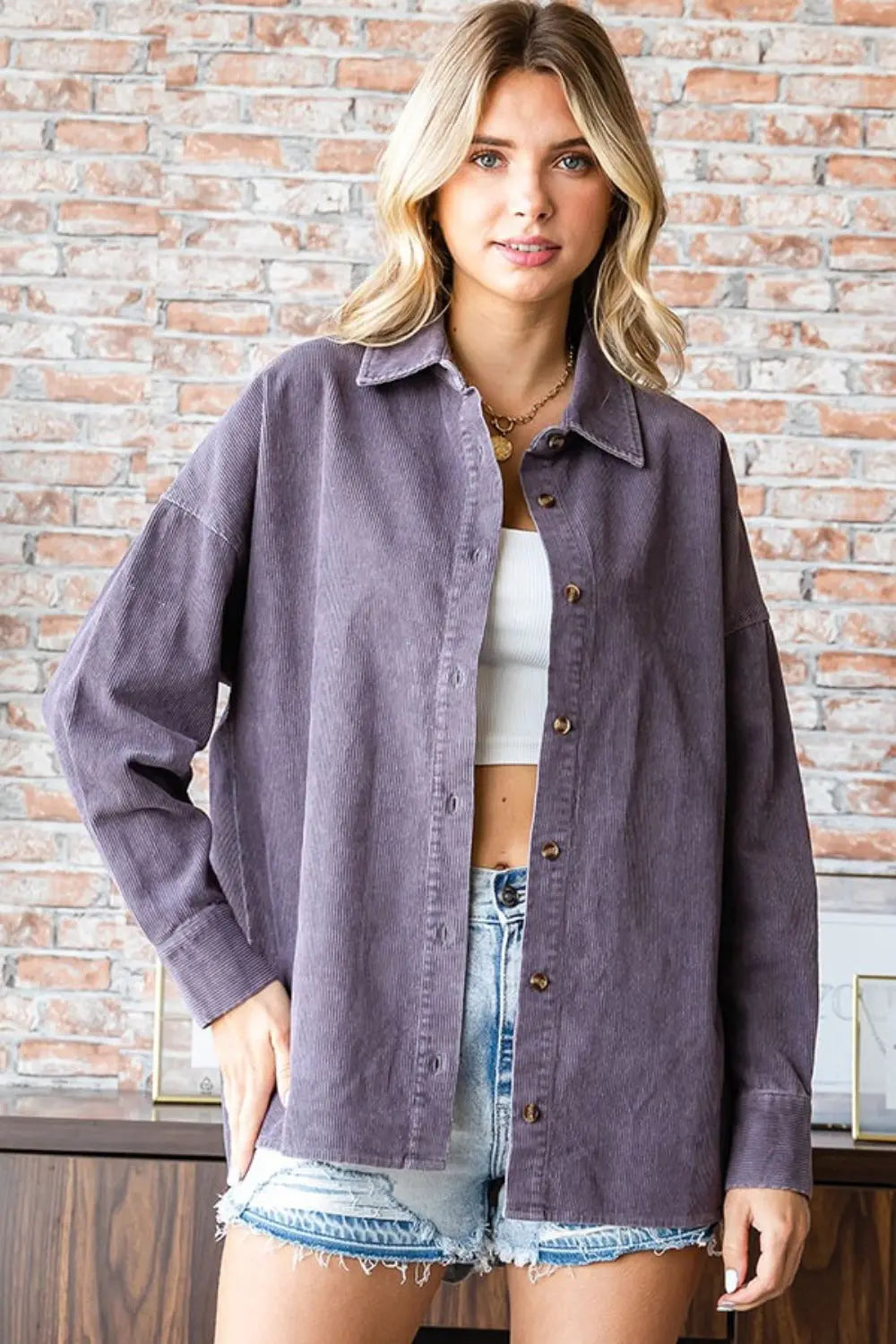 First Love Washed Corduroy Button Down Long Sleeve Shirt-Very Besty