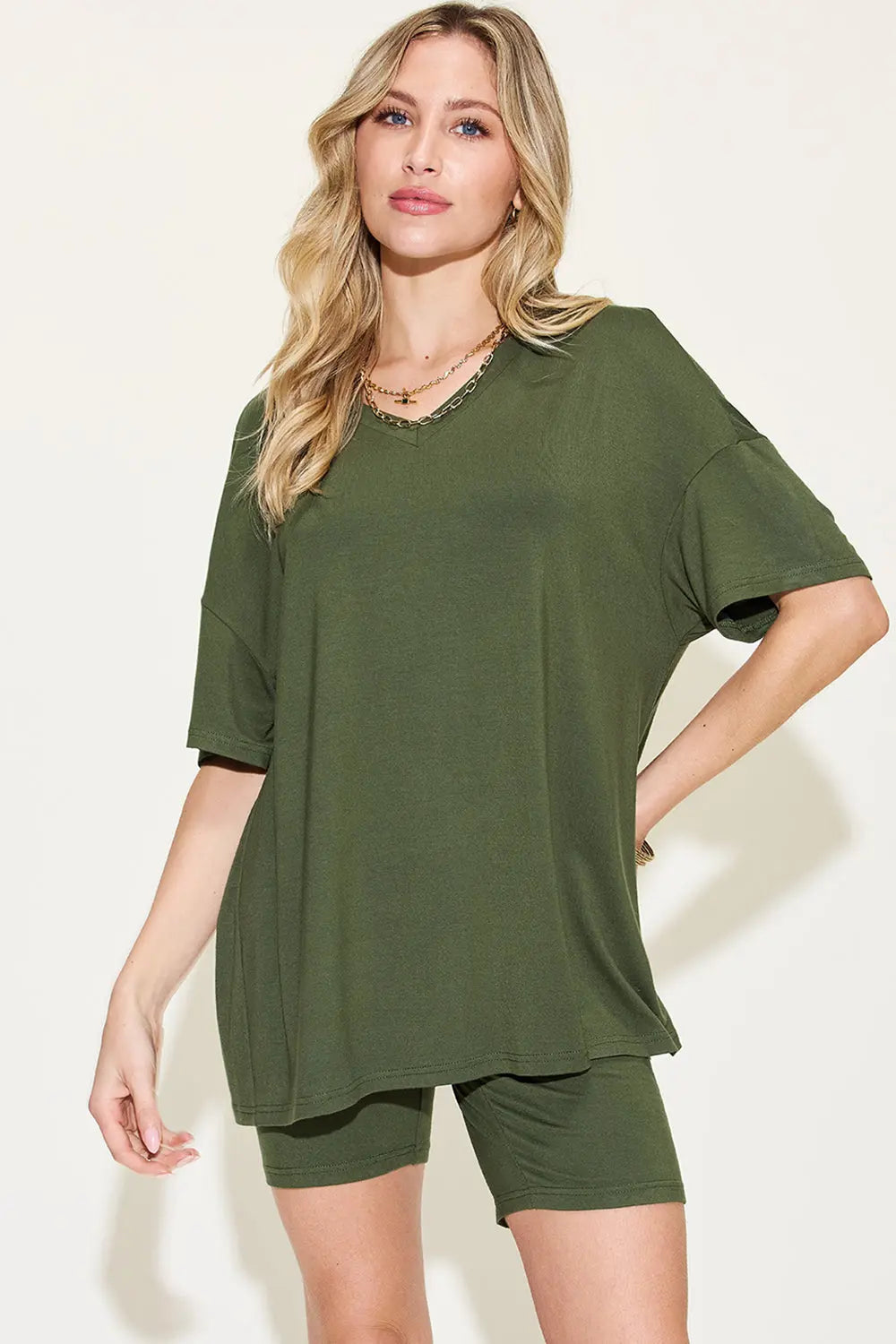 Basic Bae Full Size V-Neck Drop Shoulder T-Shirt and Shorts Set-Very Besty