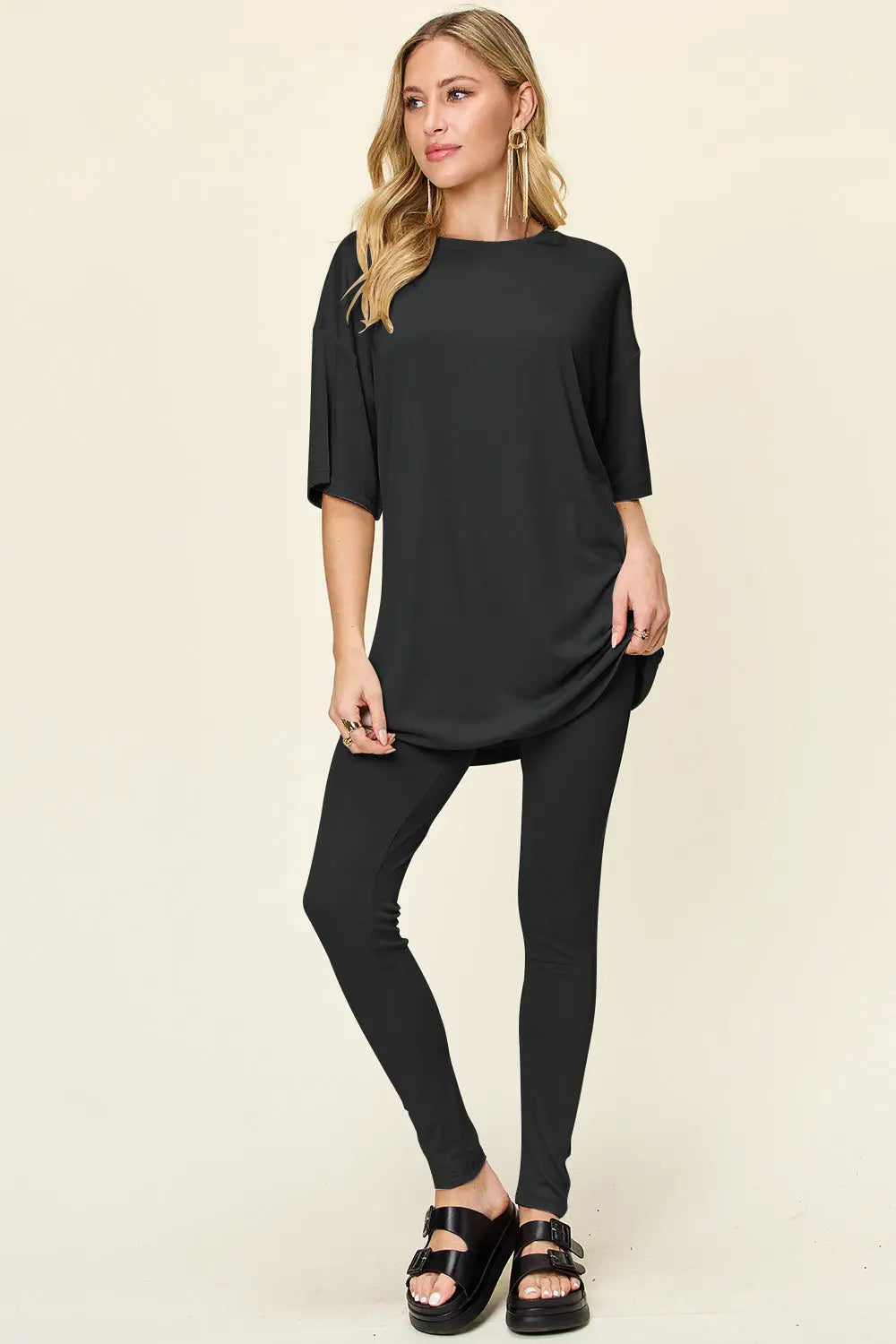 Double Take Full Size Round Neck Dropped Shoulder T-Shirt and Leggings Set-Very Besty