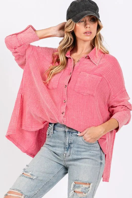 SAGE + FIG Frayed Hem Side Slit Button Down Shirt-Very Besty