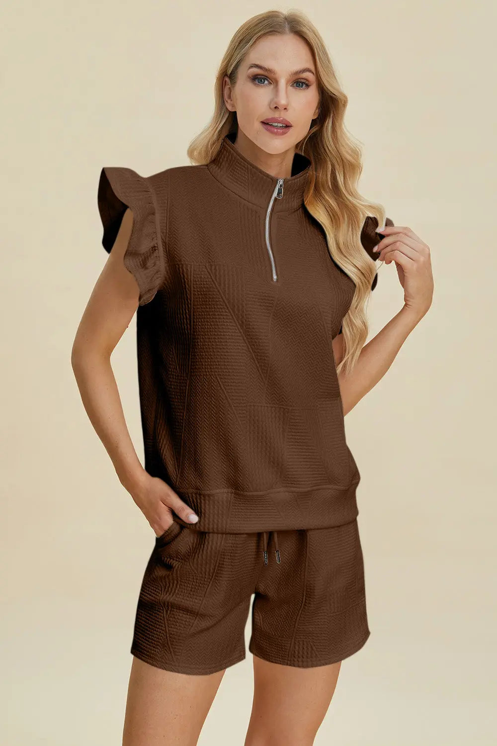Double Take Full Size Texture Flounce Sleeve Top and Shorts Set-Very Besty
