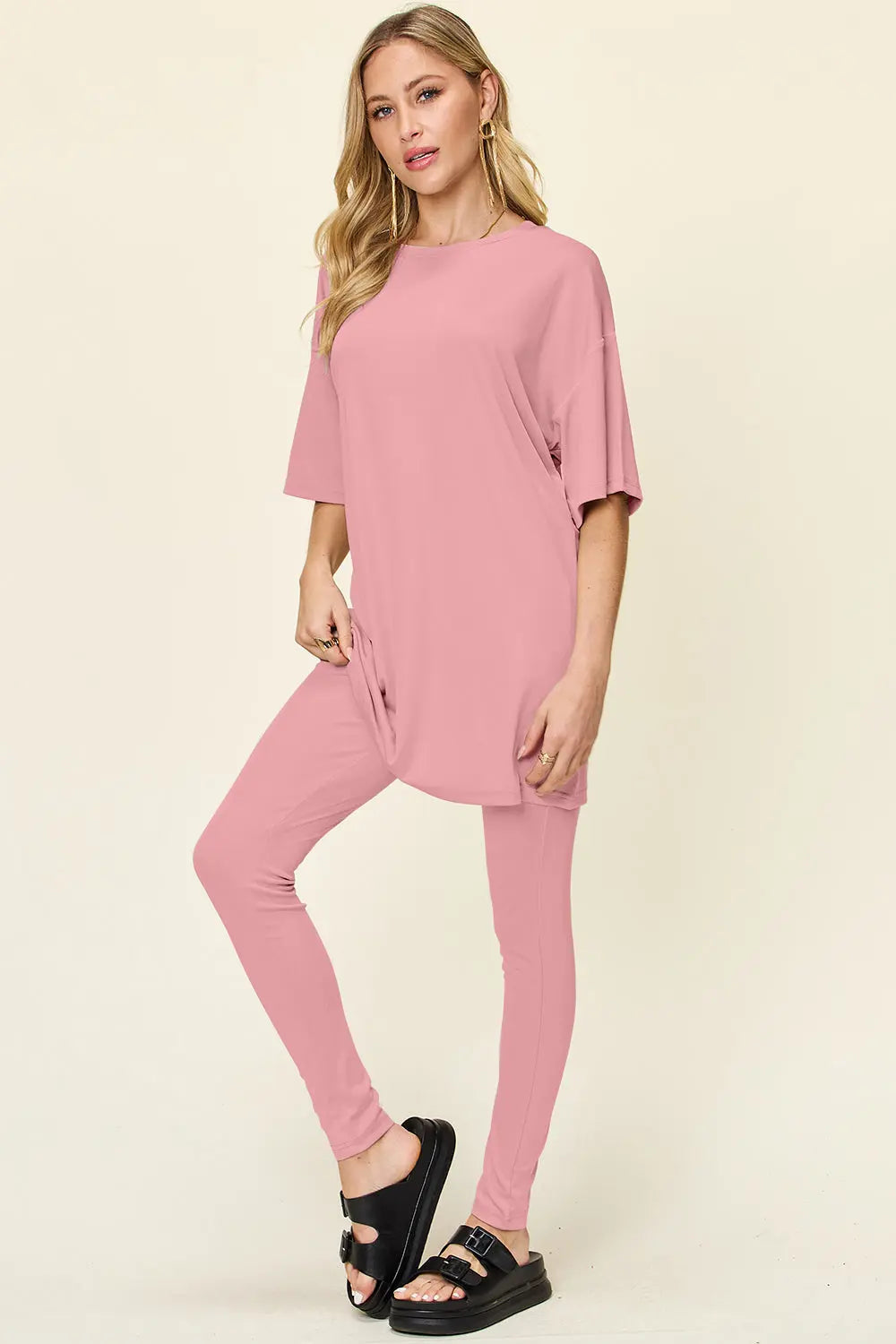 Double Take Full Size Round Neck Dropped Shoulder T-Shirt and Leggings Set-Very Besty