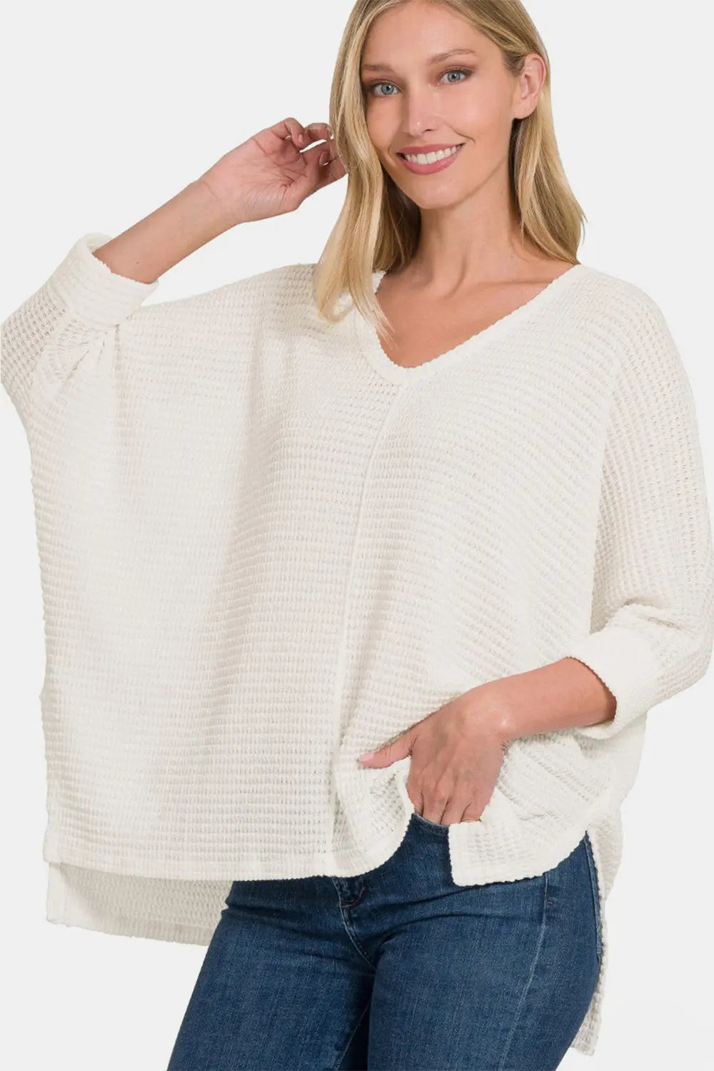 Zenana Full Size Round Neck High-Low Slit Knit Top-Very Besty