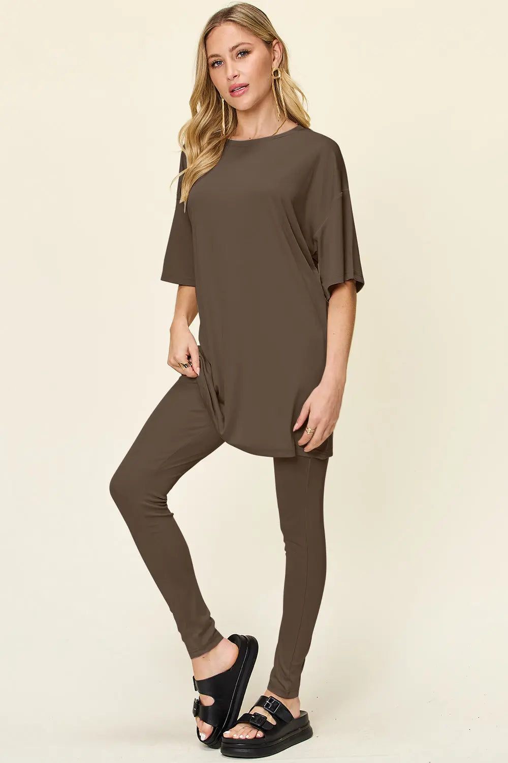 Double Take Full Size Round Neck Dropped Shoulder T-Shirt and Leggings Set-Very Besty