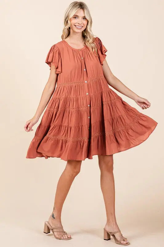 Mittoshop Lace Detail Ruffled Button Down Tiered Dress-Very Besty