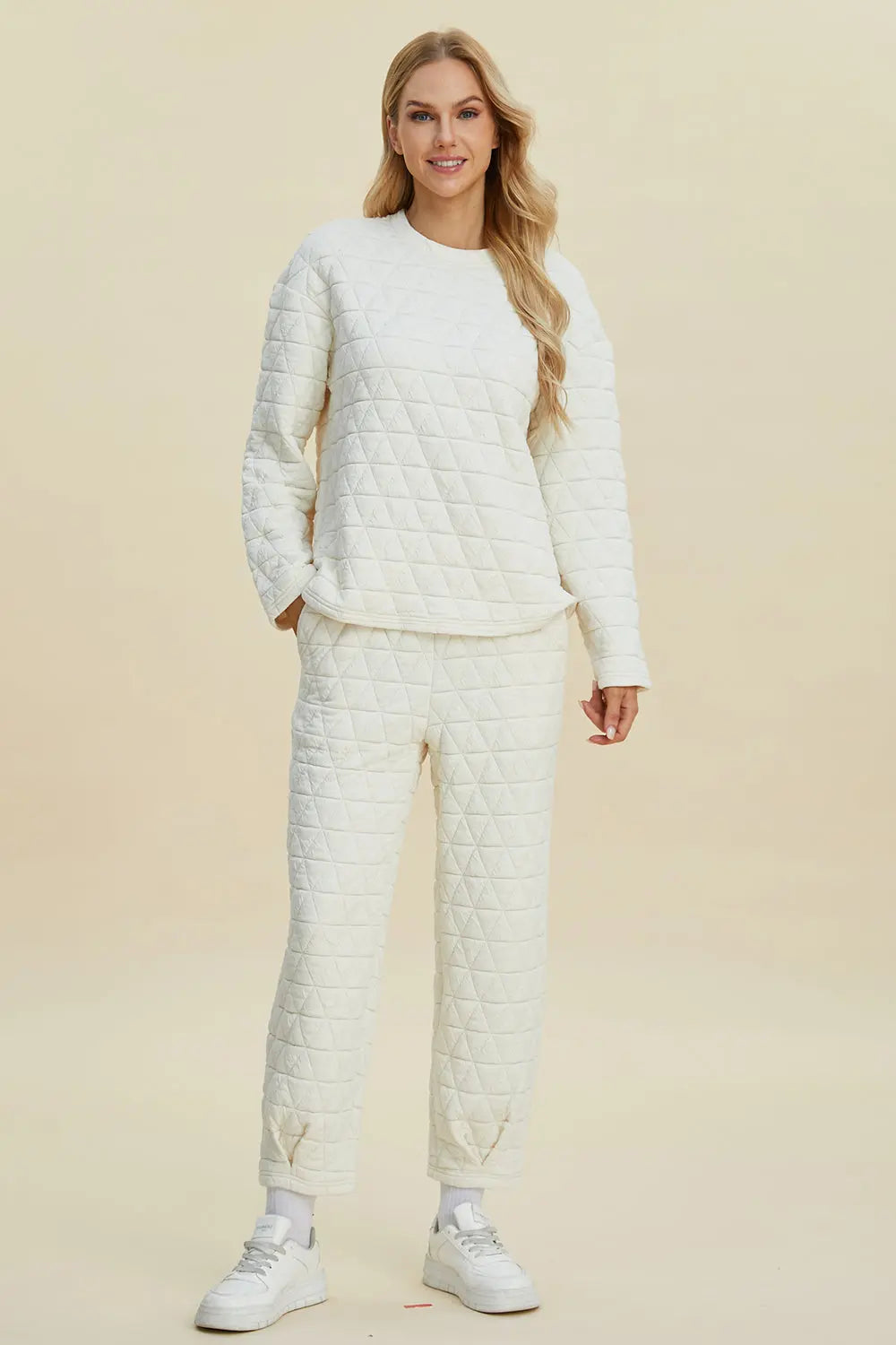 Double Take Full Size Texture Round Neck Long Sleeve Top and Pants Set-Very Besty