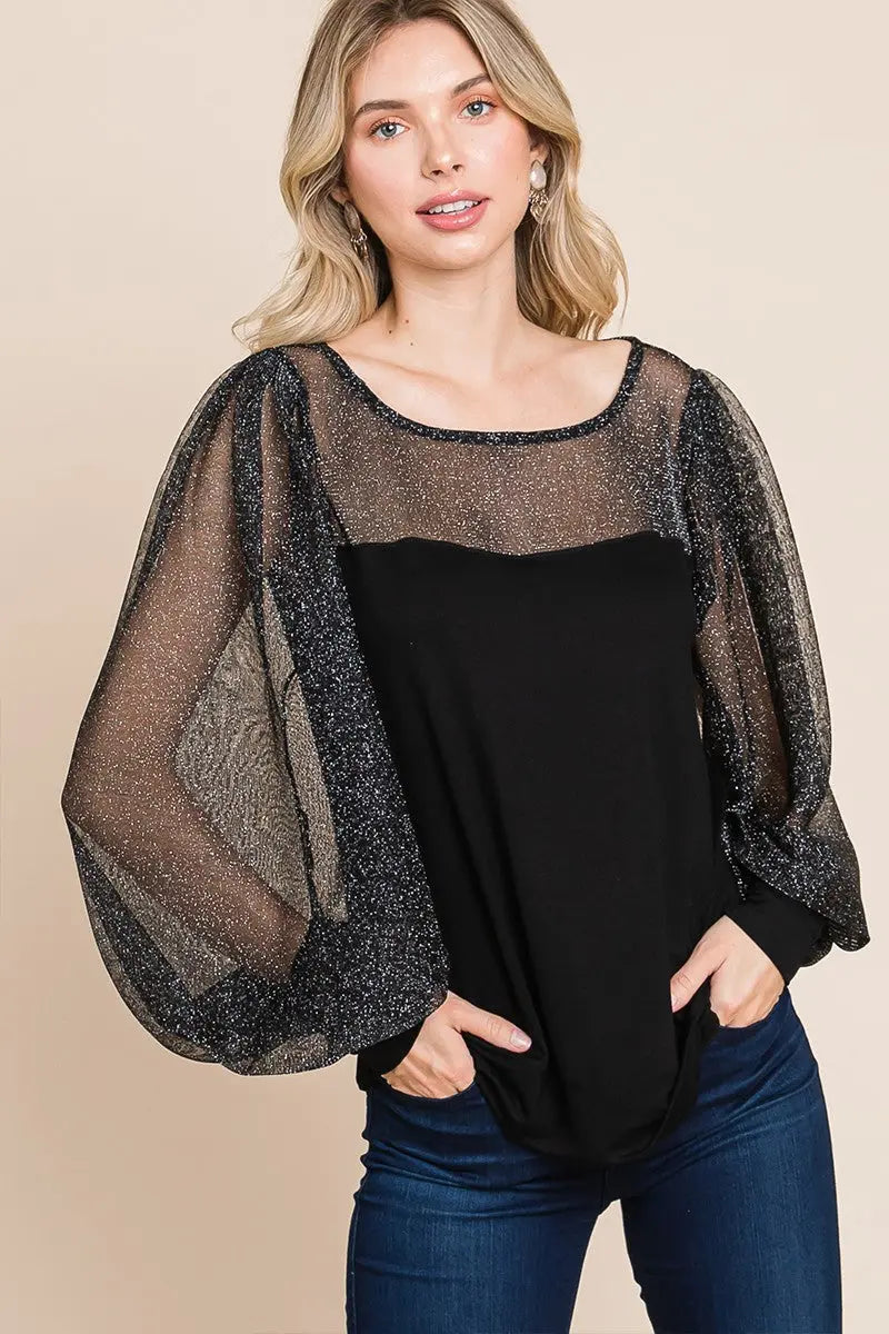 Super Lady Full Size Metallic Mesh Lantern Sleeve Blouse-Very Besty
