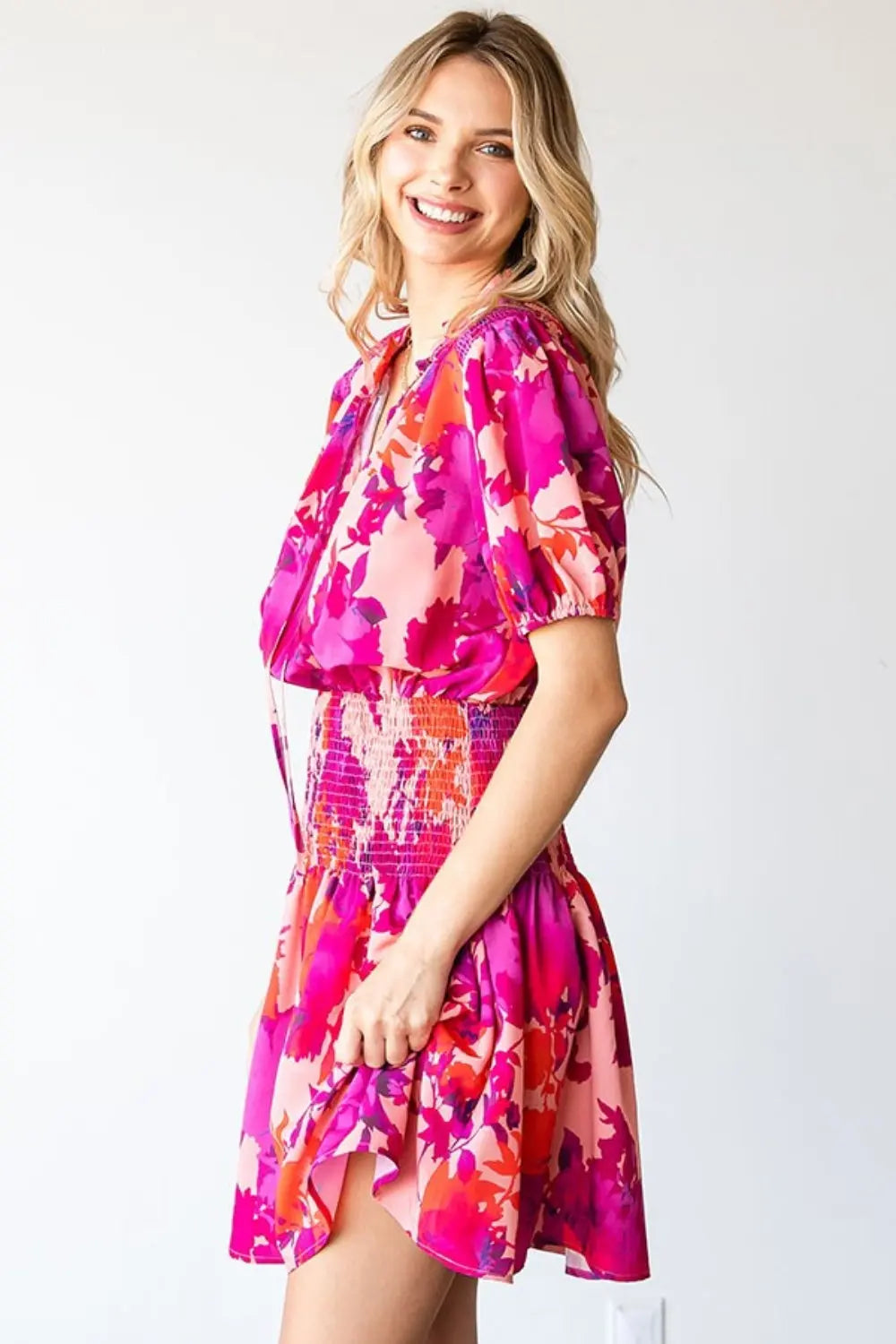 First Love Floral Short Sleeve Smocked Mini Dress-Very Besty