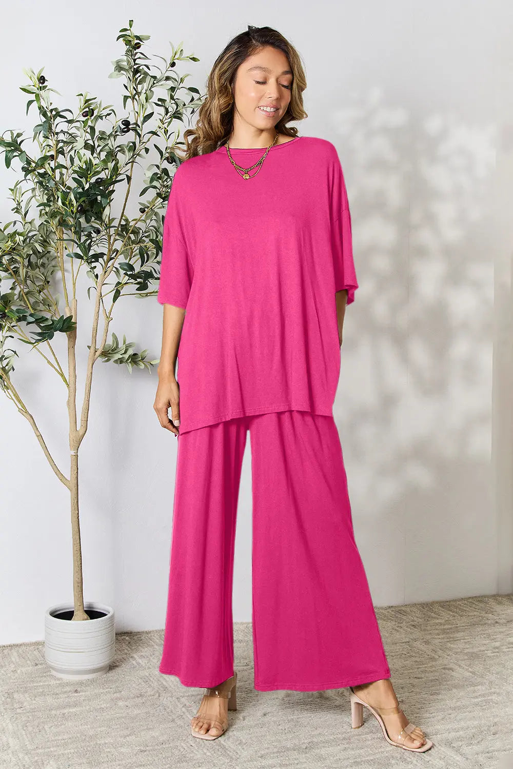 Double Take Full Size Round Neck Slit Top and Pants Set-Very Besty