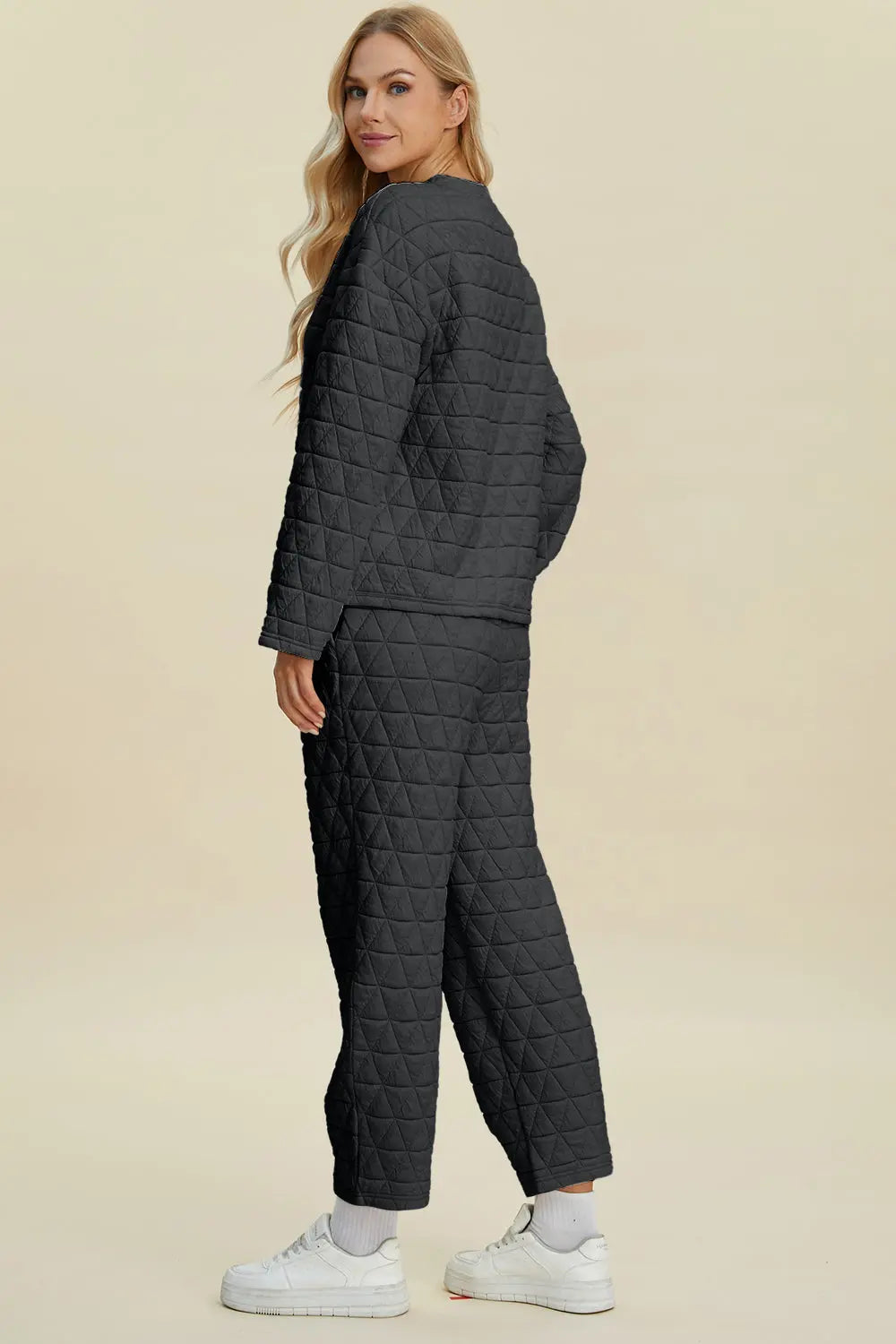 Double Take Full Size Texture Round Neck Long Sleeve Top and Pants Set-Very Besty