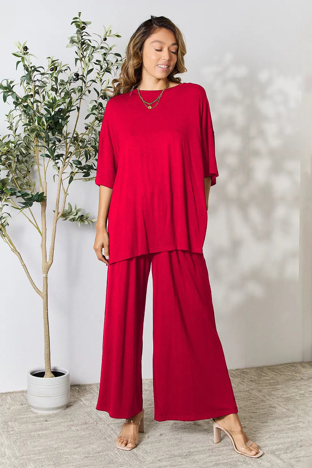 Double Take Full Size Round Neck Slit Top and Pants Set-Very Besty