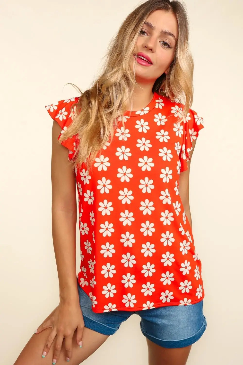 Haptics Round Neck Ruffled Floral Contrast Knit Top-Very Besty