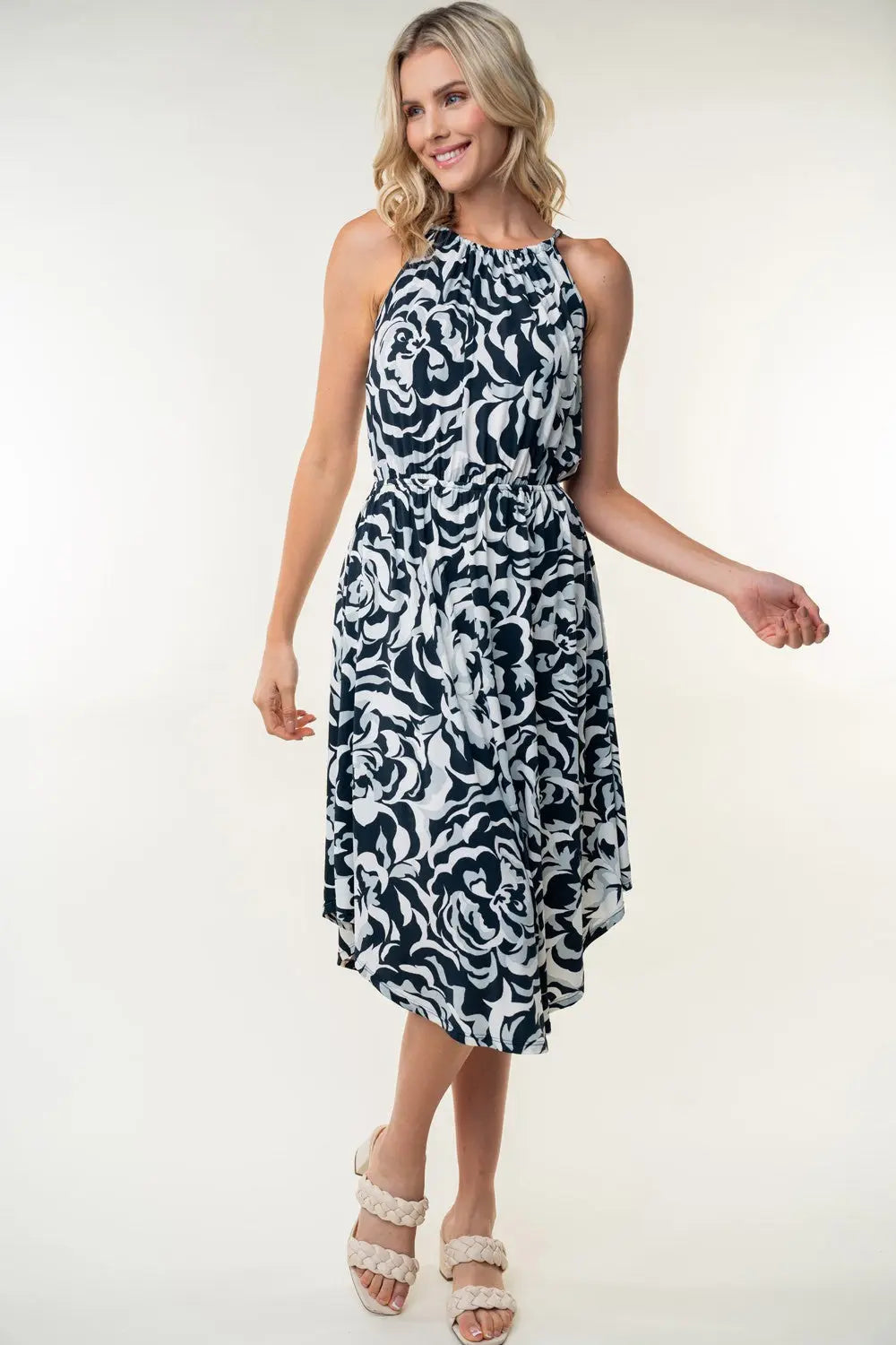 White Birch Tied Ruched Floral Sleeveless Knee Length Dress-Very Besty