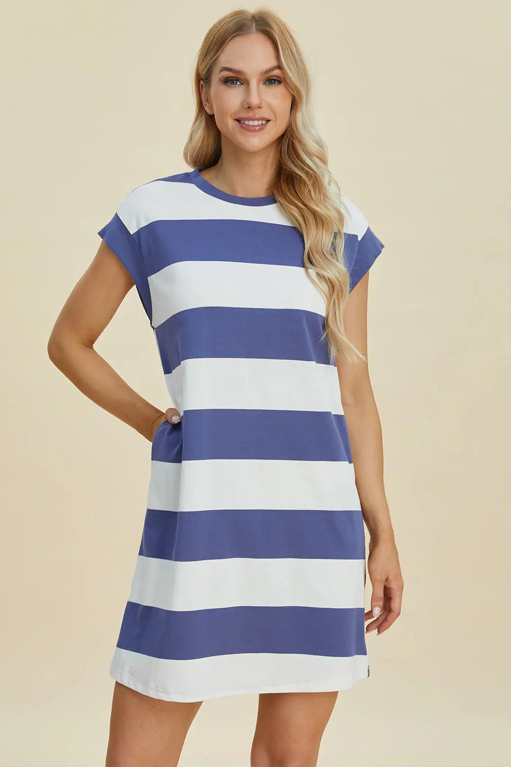 Basic Bae Full Size Striped Round Neck Cap Sleeve Mini Dress-Very Besty