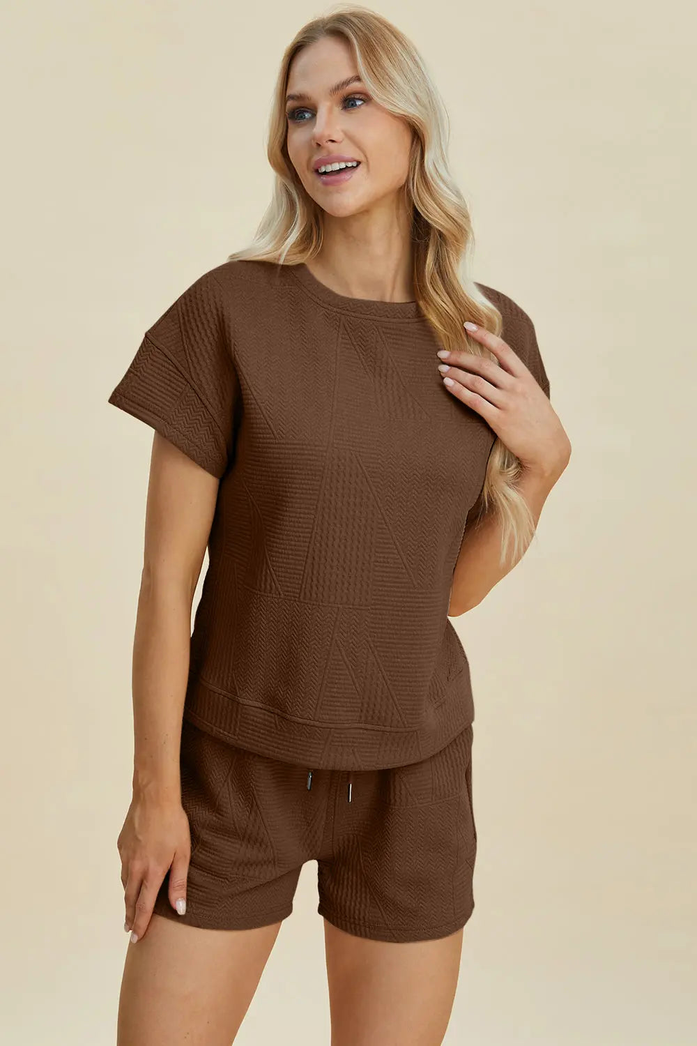 Double Take Full Size Texture Short Sleeve Top and Shorts Set-Very Besty