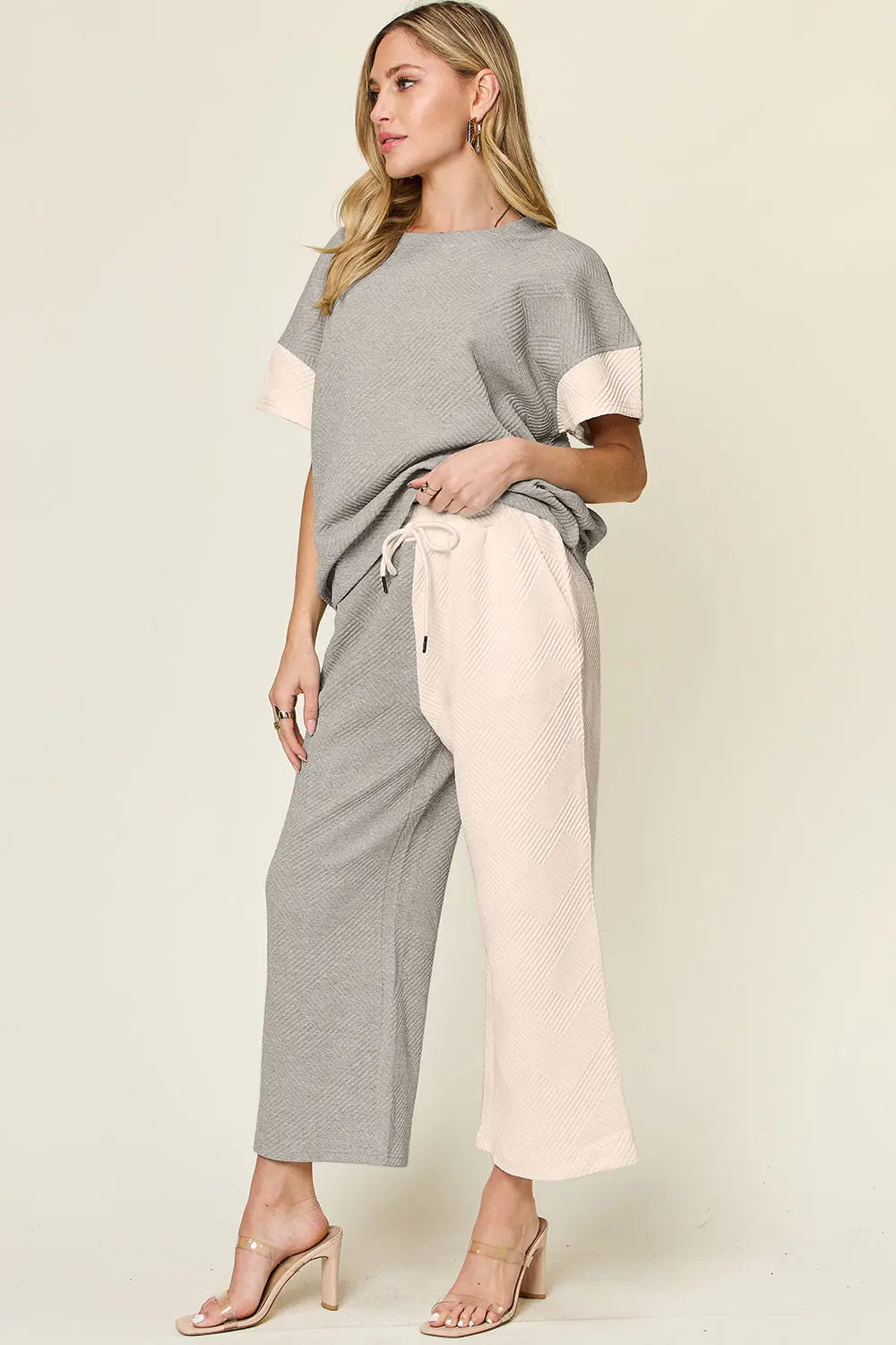 Double Take Full Size Texture Contrast T-Shirt and Wide Leg Pants Set-Very Besty