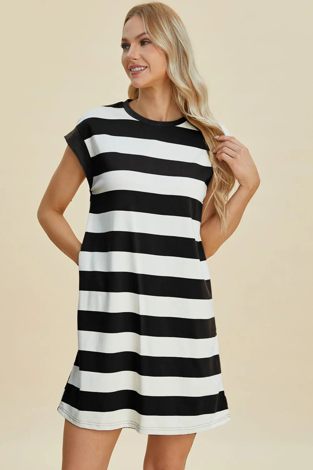 Basic Bae Full Size Striped Round Neck Cap Sleeve Mini Dress-Very Besty