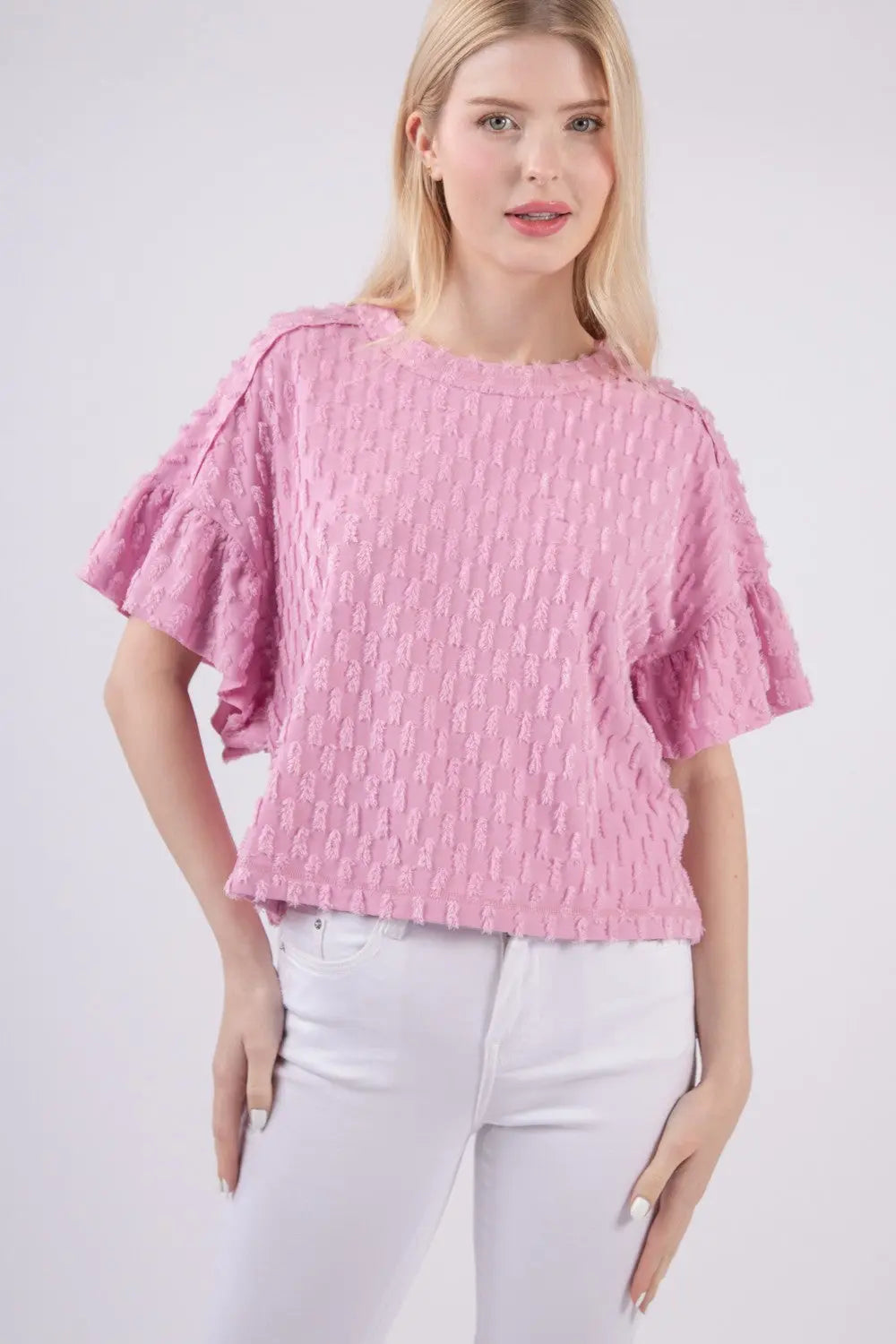 VERY J Full Size Texture Ruffle Short Sleeve Top-Very Besty