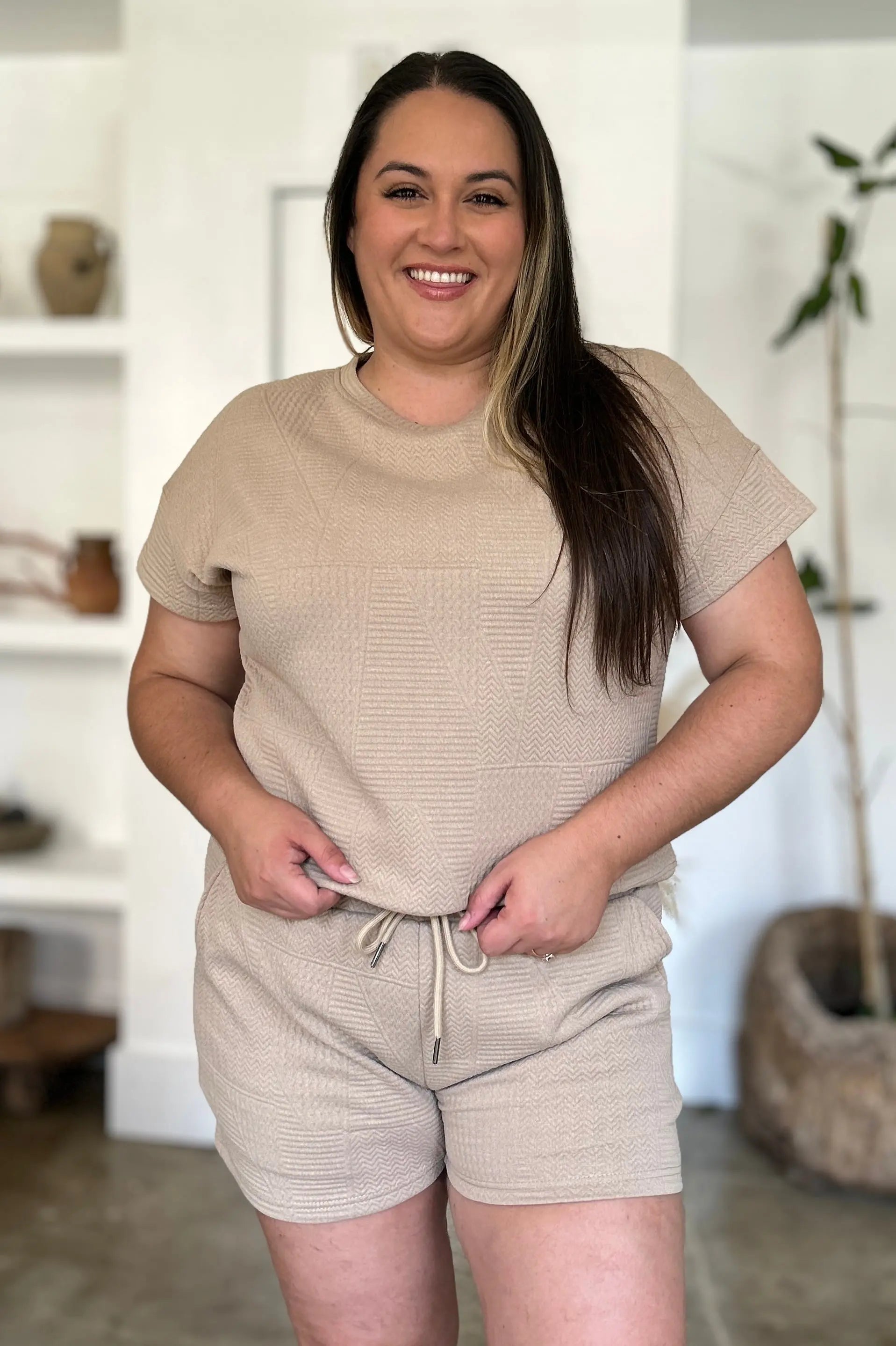Double Take Full Size Texture Short Sleeve Top and Shorts Set-Very Besty