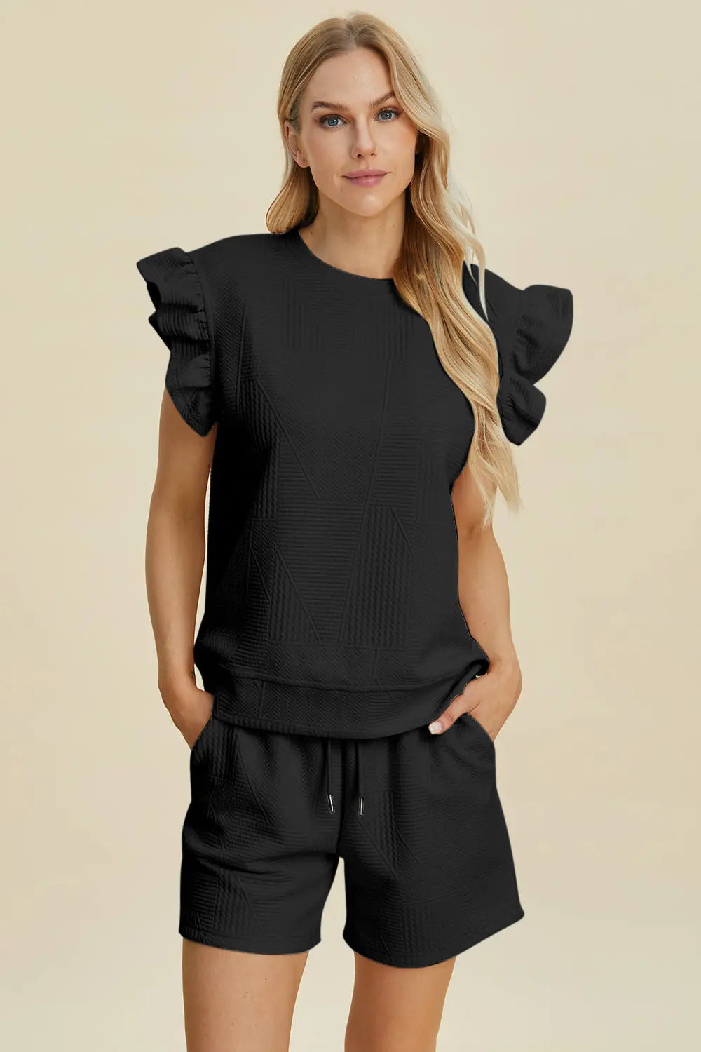 Double Take Full Size Texture Round Neck Ruffle Sleeve Top and Shorts Set-Very Besty